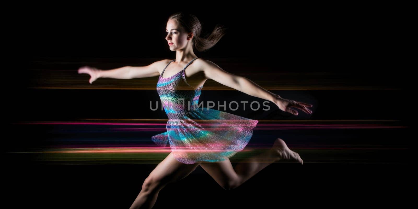 A young female dancer is captured mid-leap in front of a black background. She is wearing a colorful dress with light trails following her movements. AIG51A.