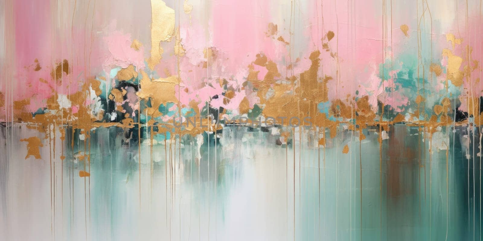 The abstract picture of the gold, pink and green colour that has been painted or splashed on the white blank background wallpaper to form random shape that cannot be describe yet beautiful. AIGX01.