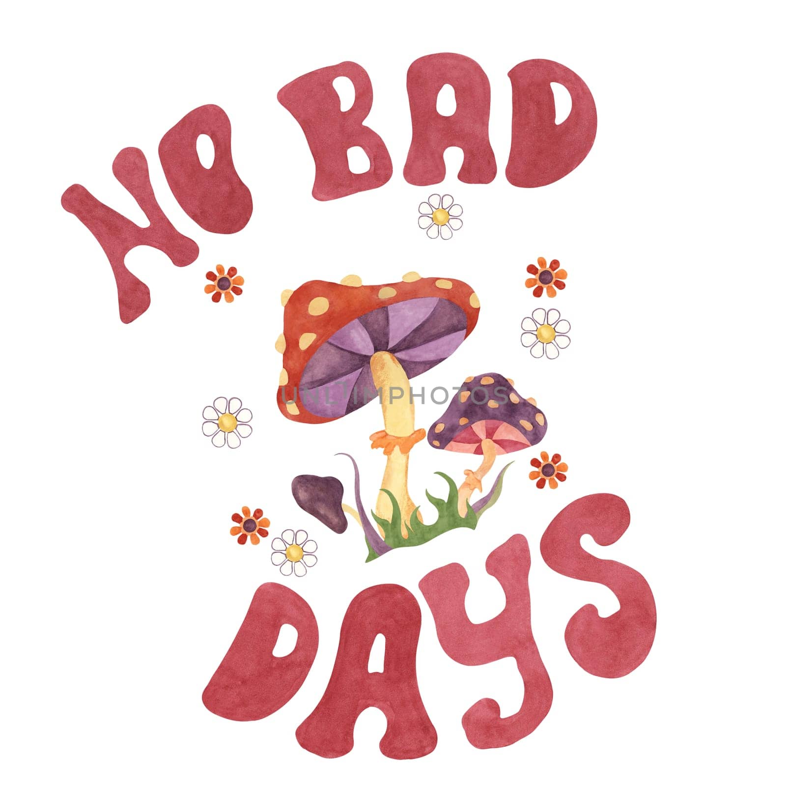 Trippy fly agaric mushrooms, flowers and no bad days slogan print tee. Retro hippie fungus clipart 60s 70s style hand drawn nostalgic graphic t shirt. by Fofito