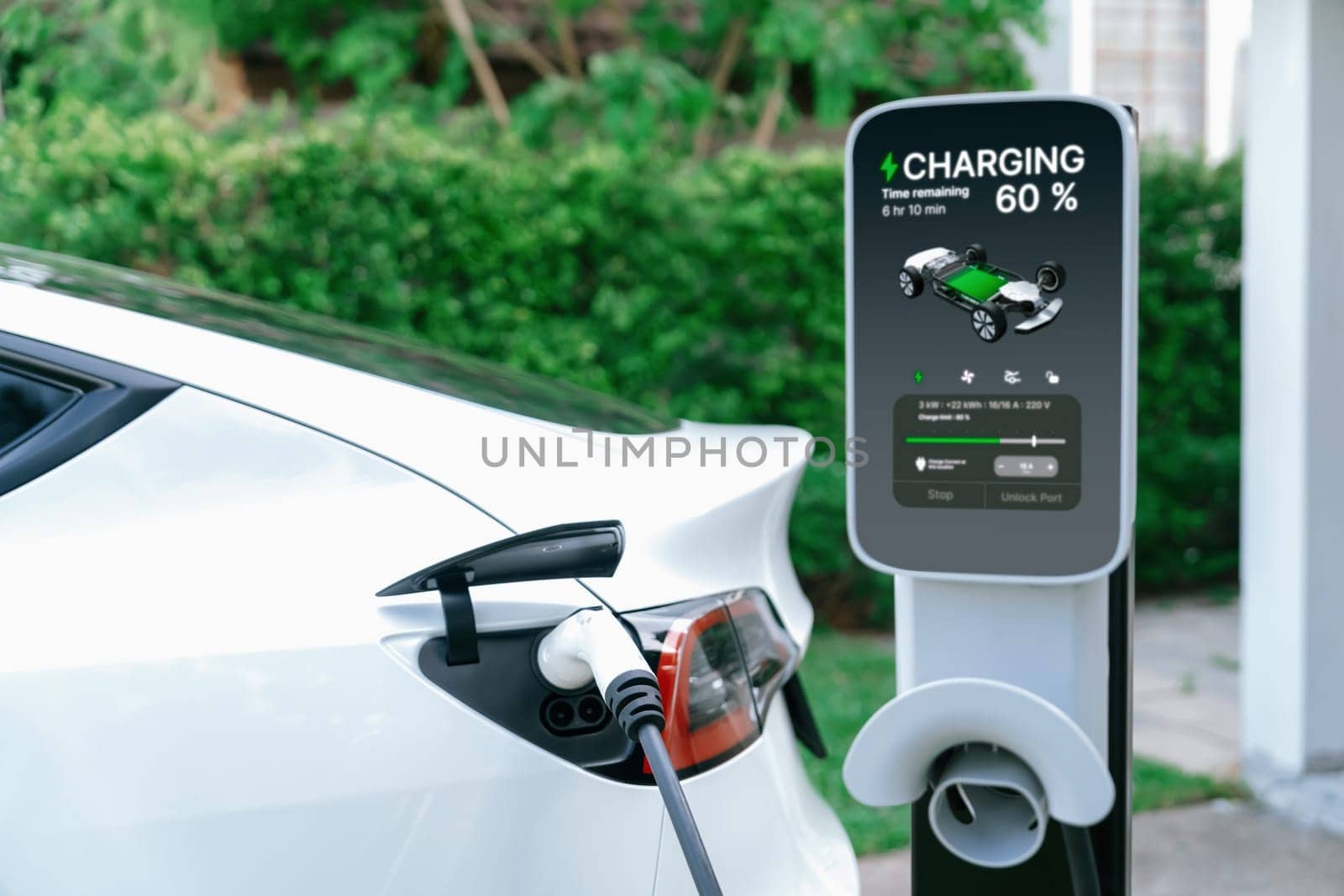 Electric vehicle technology utilized to residential area or home charging station for EV car battery recharge. Eco-friendly transport by clean and sustainable energy for future environment. Synchronos