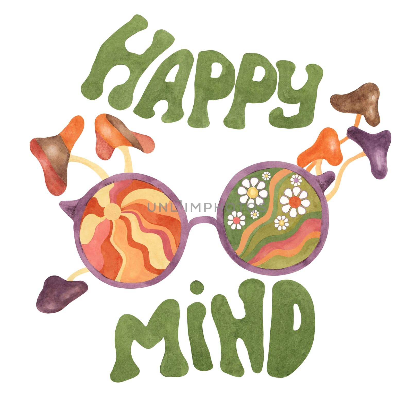 Trippy mushrooms, groovy hippie sunglasses and happy mind slogan print tee with sun and daisies. Retro round psychedelic eyewear in 1970s style. Nostalgic clipart. Hand drawn graphic indie t shirt