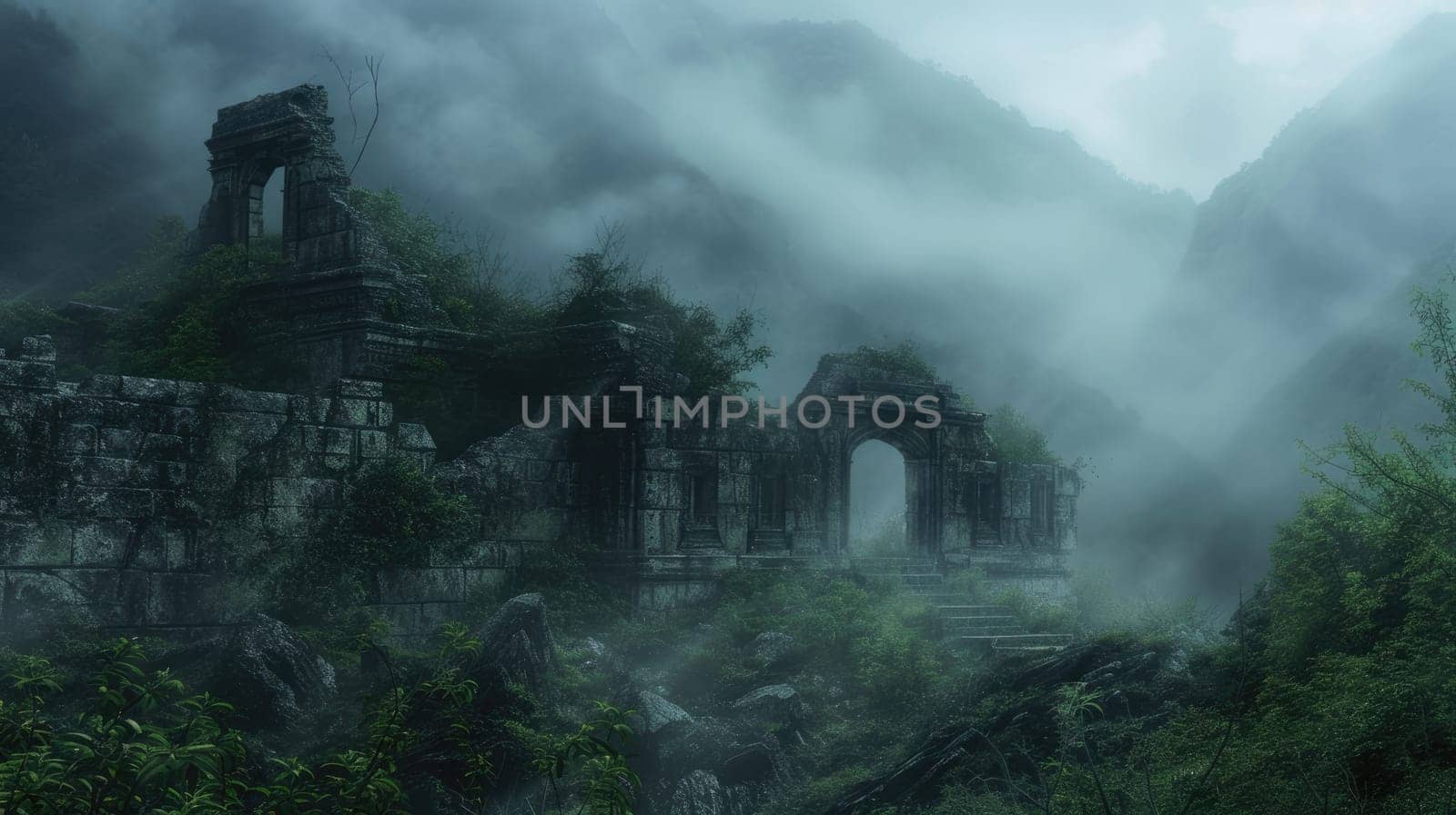 An ancient ruin on a misty mountain, with forgotten temples and overgrown paths. A mysterious fog envelops the scene, creating a sense of mystery and age. Resplendent.