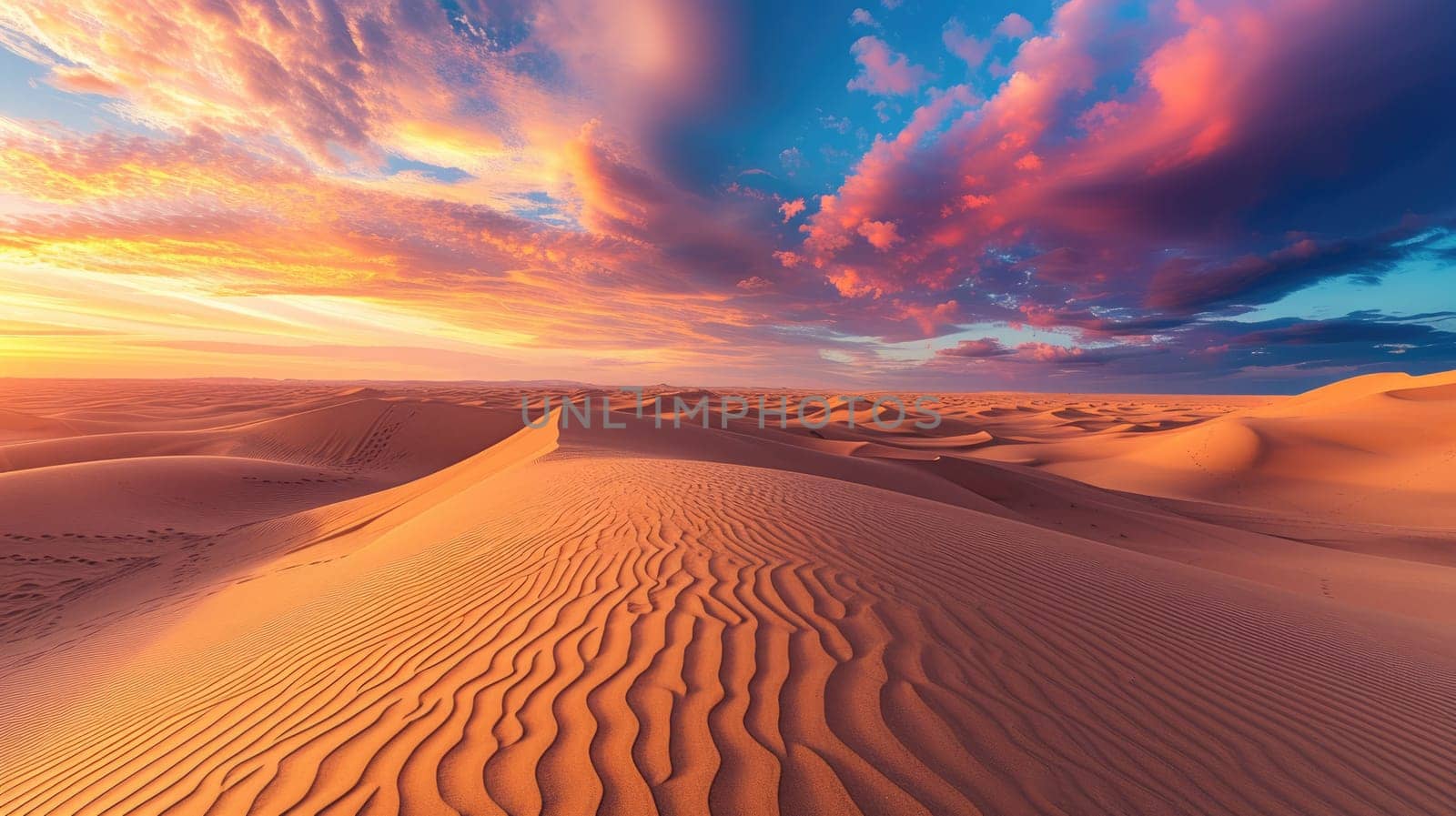 An expansive desert landscape at sunset, vivid colors in the sky, dunes creating patterns, portraying the beauty of wilderness. Resplendent.