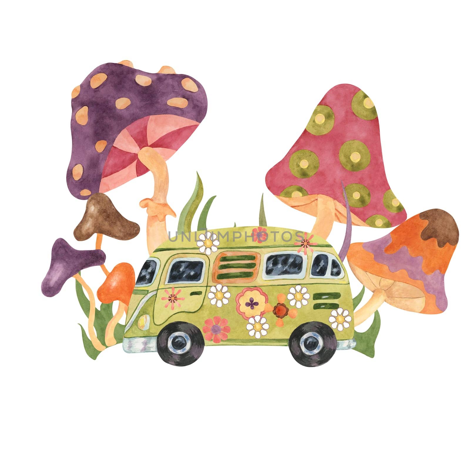 Trippy mushrooms, groovy hippie camper van mycophile print tee. Retro bus, fly agarics fungi 70s 60s style hand drawn vintage graphic t shirt design. by Fofito