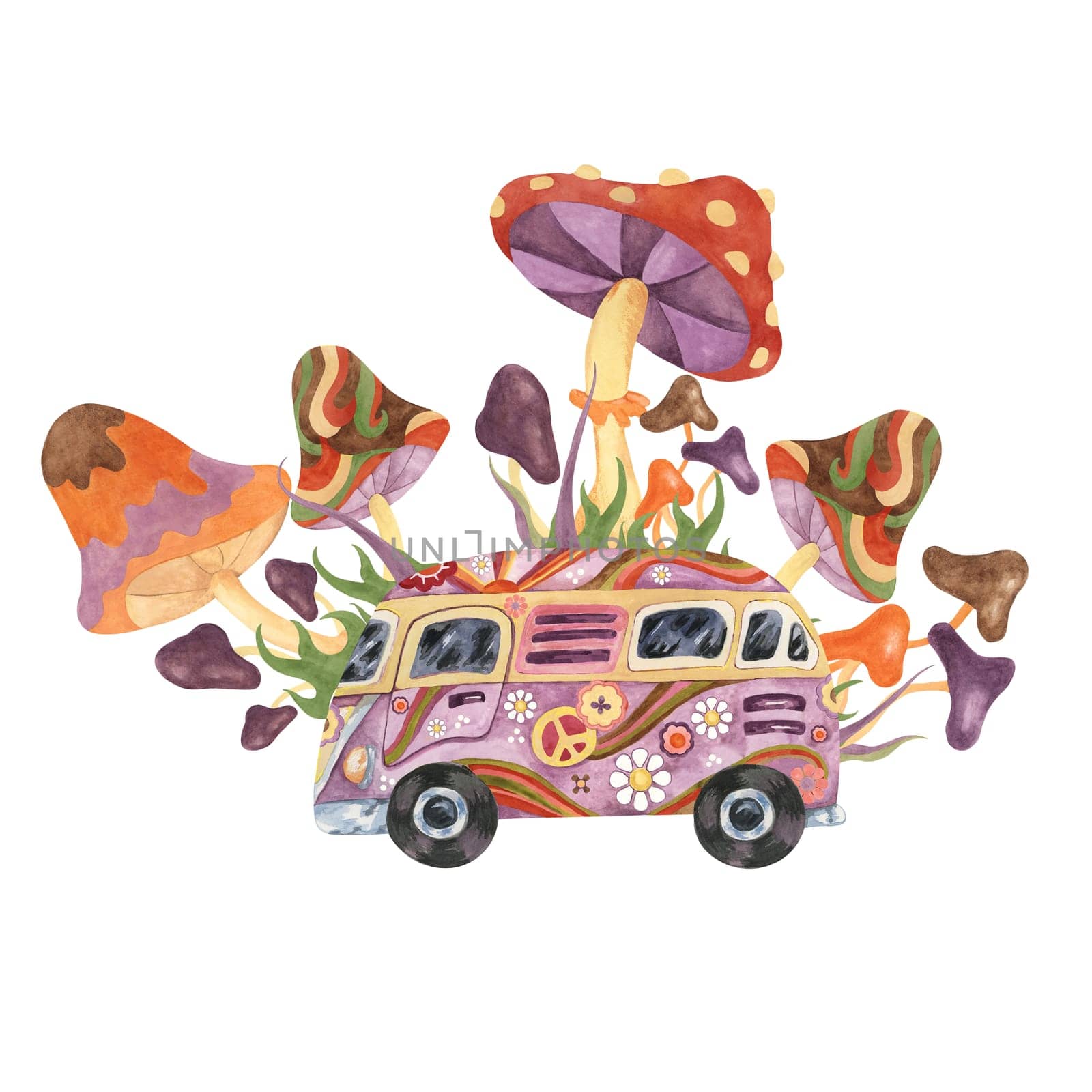Trippy mushrooms, groovy hippie camper van mycophile print tee. Retro bus, fly agarics magic fungi in 1970s -1960s style . Nostalgic mycology fashion clipart. Hand drawn vintage graphic t shirt