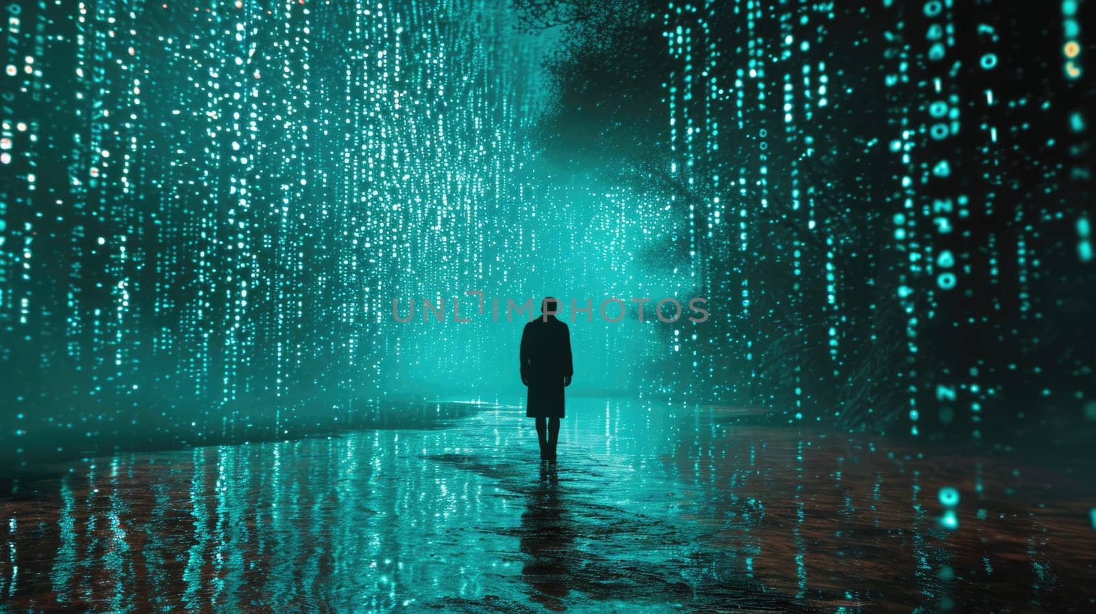 The picture of the single person that has been walking into the endless walkway that has been raining with the digital matrix green binary rain of code that seem like person search something. AIGX01.