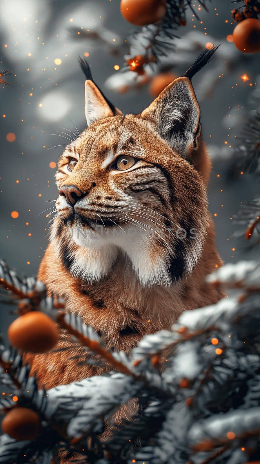 A wild eurasian lynx in nature near a christmas tree