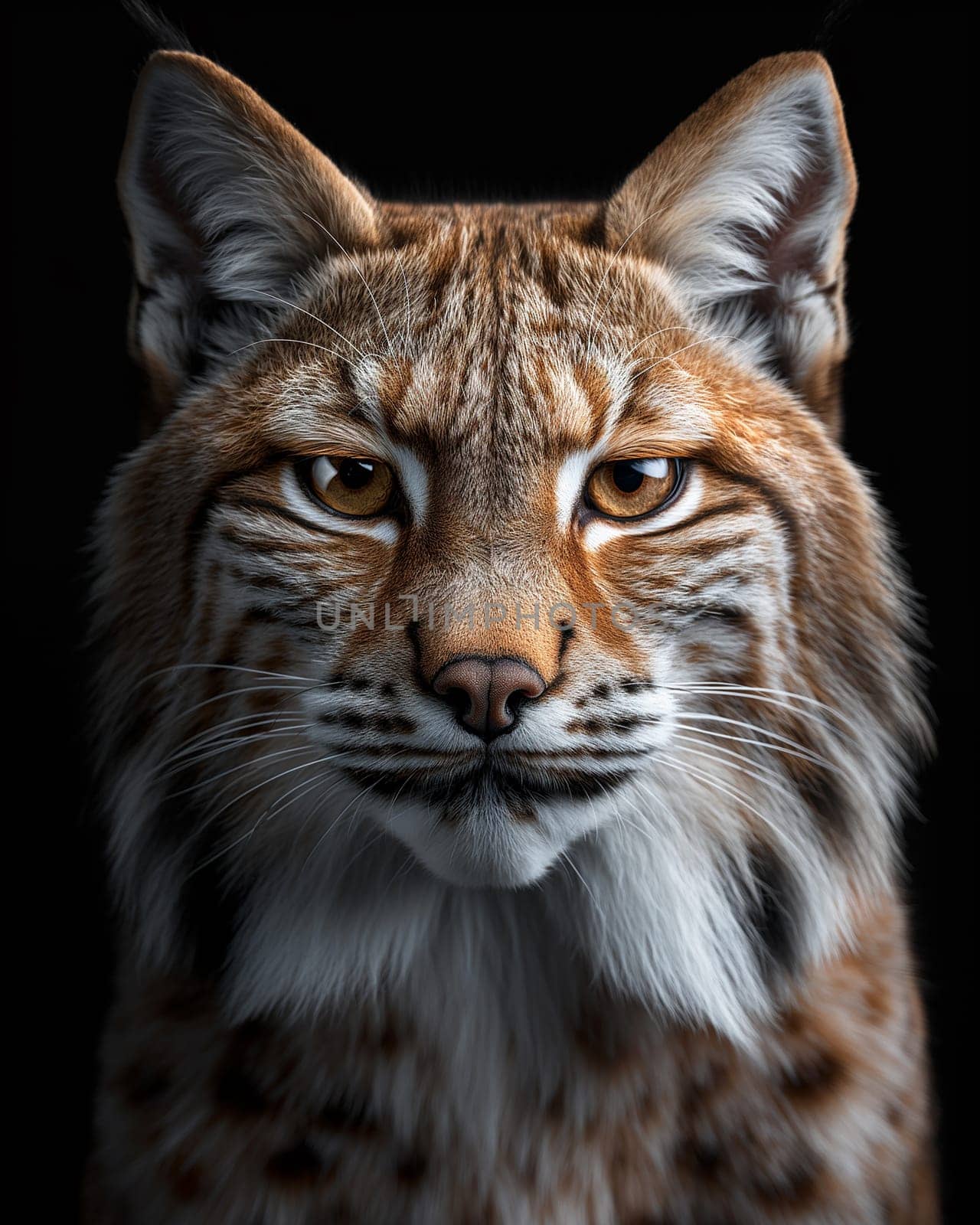 A wild eurasian lynx on dark black background