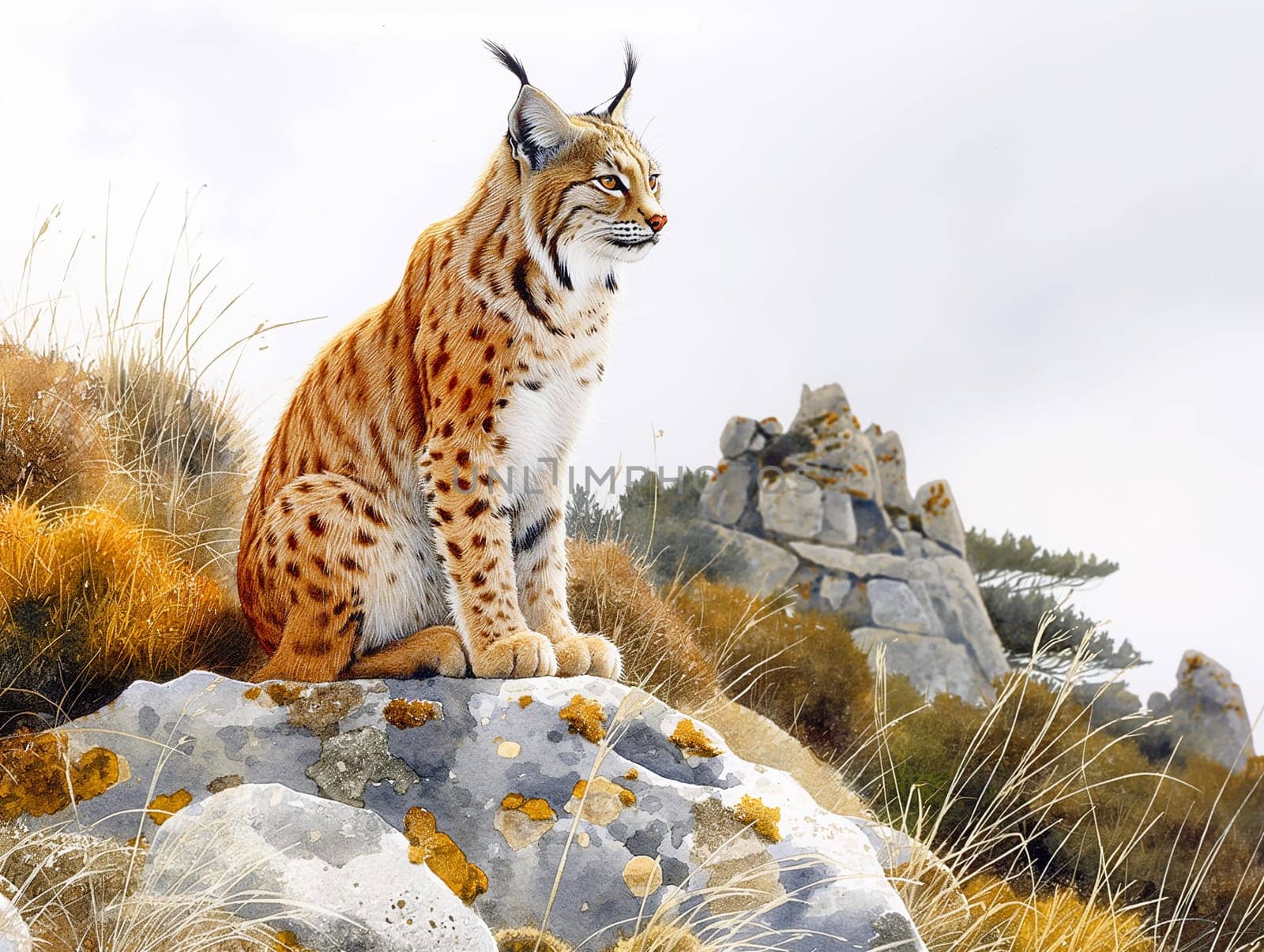 An illustration of a wild eurasian lynx sitting on a rock