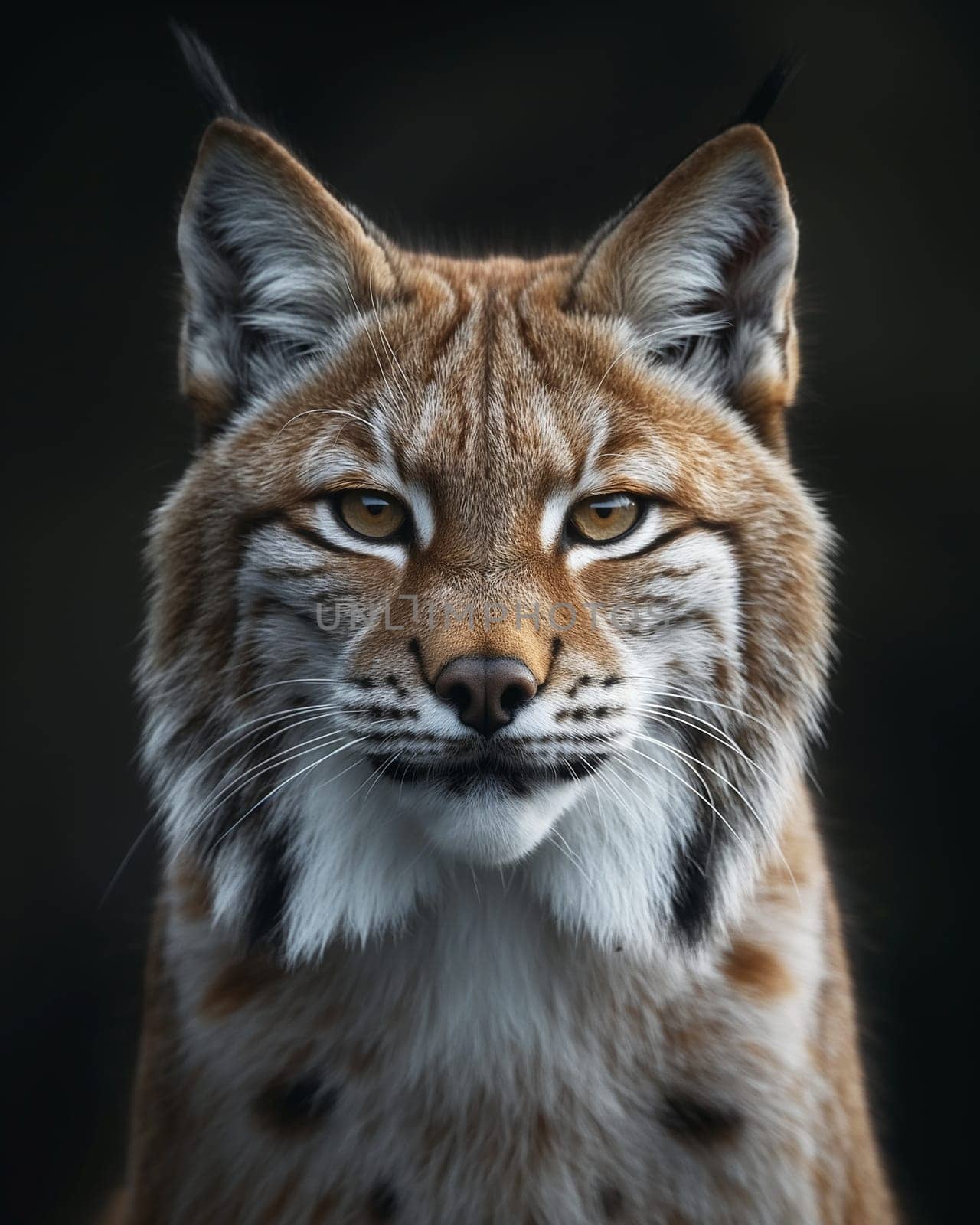 A wild eurasian lynx on dark black background