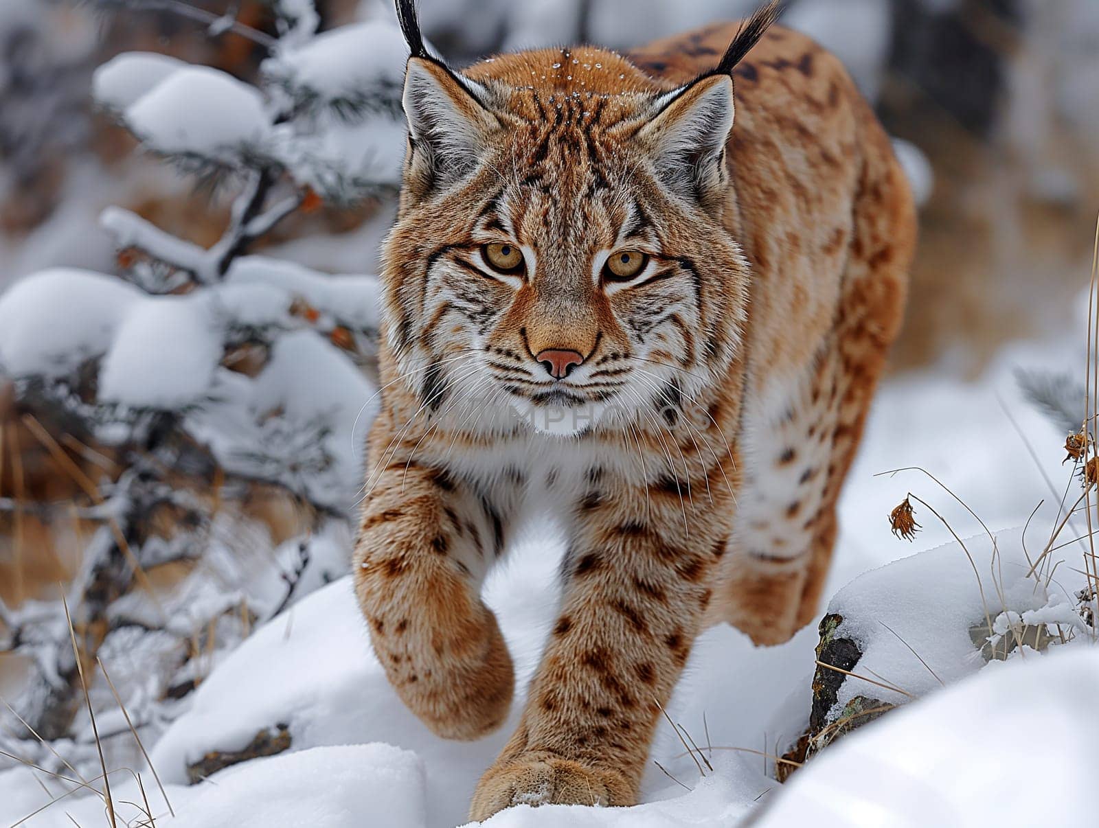 A cute and wild eurasian lynx walking in snow at winter in nature.