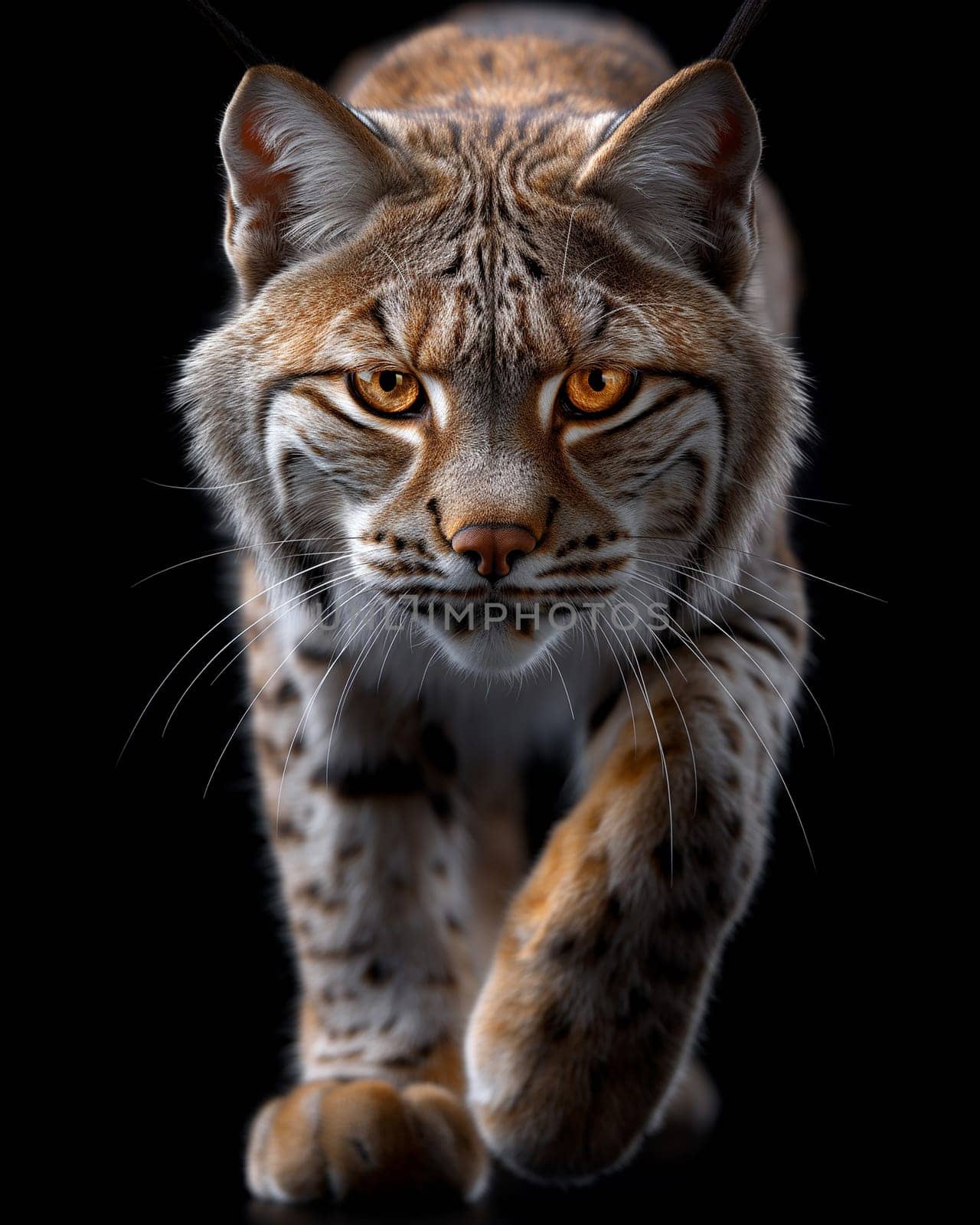 A wild eurasian lynx on dark black background