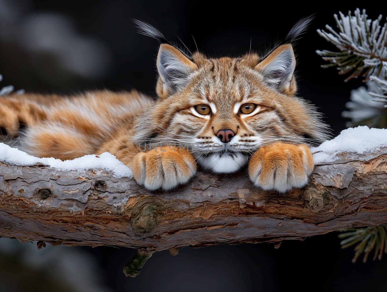 A wild eurasian lynx sleepy on a tree