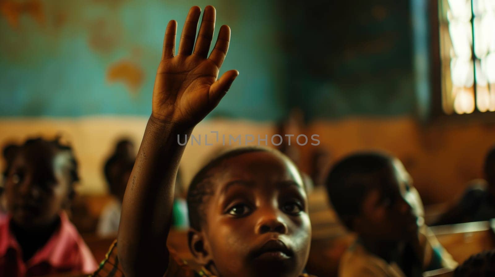 Close up of elementary student hands raised hand for answering question or asking question or voting or volunteering for helping teacher. Diverse children putting hands in the air at classroom. AIG42.