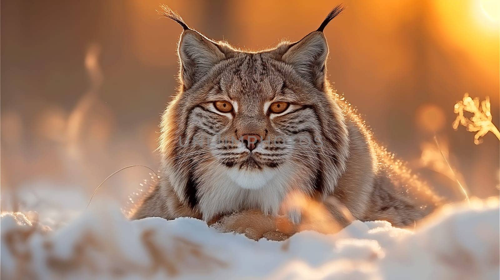 A cute and wild eurasian lynx sitting on snow at winter in nature on sunset