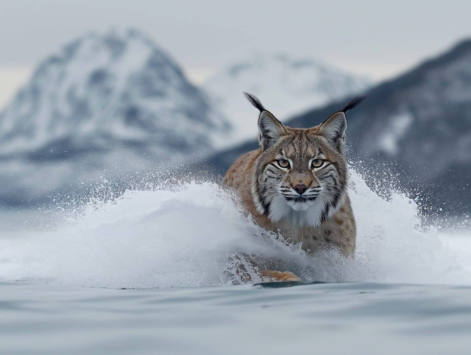 A wild eurasian lynx running in a lake, on water. Animal in nature