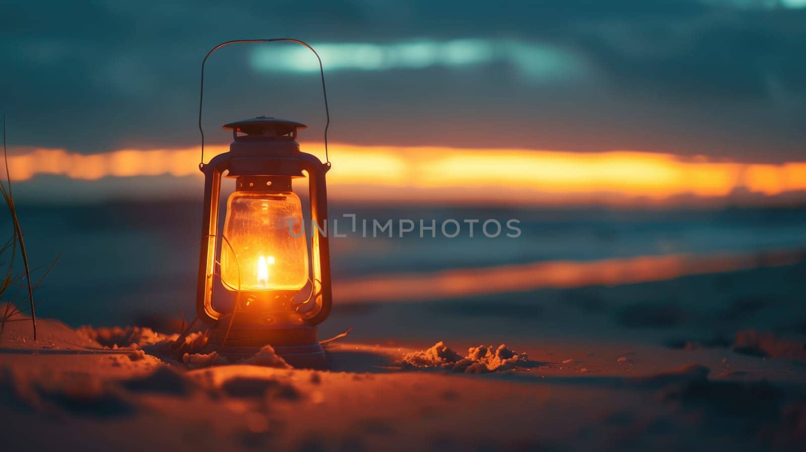 A lantern illuminates the sandy beach at sunset, casting a warm glow over the water and painting the horizon in a beautiful dusk landscape AIG50