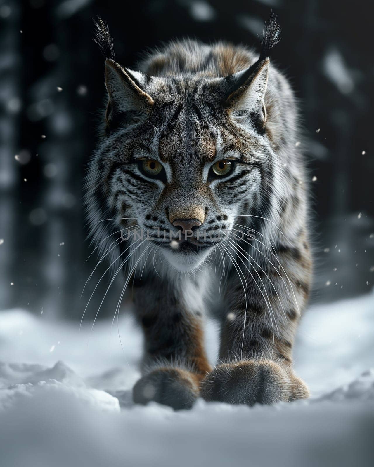 A wild eurasian lynx in nature at winter with snow