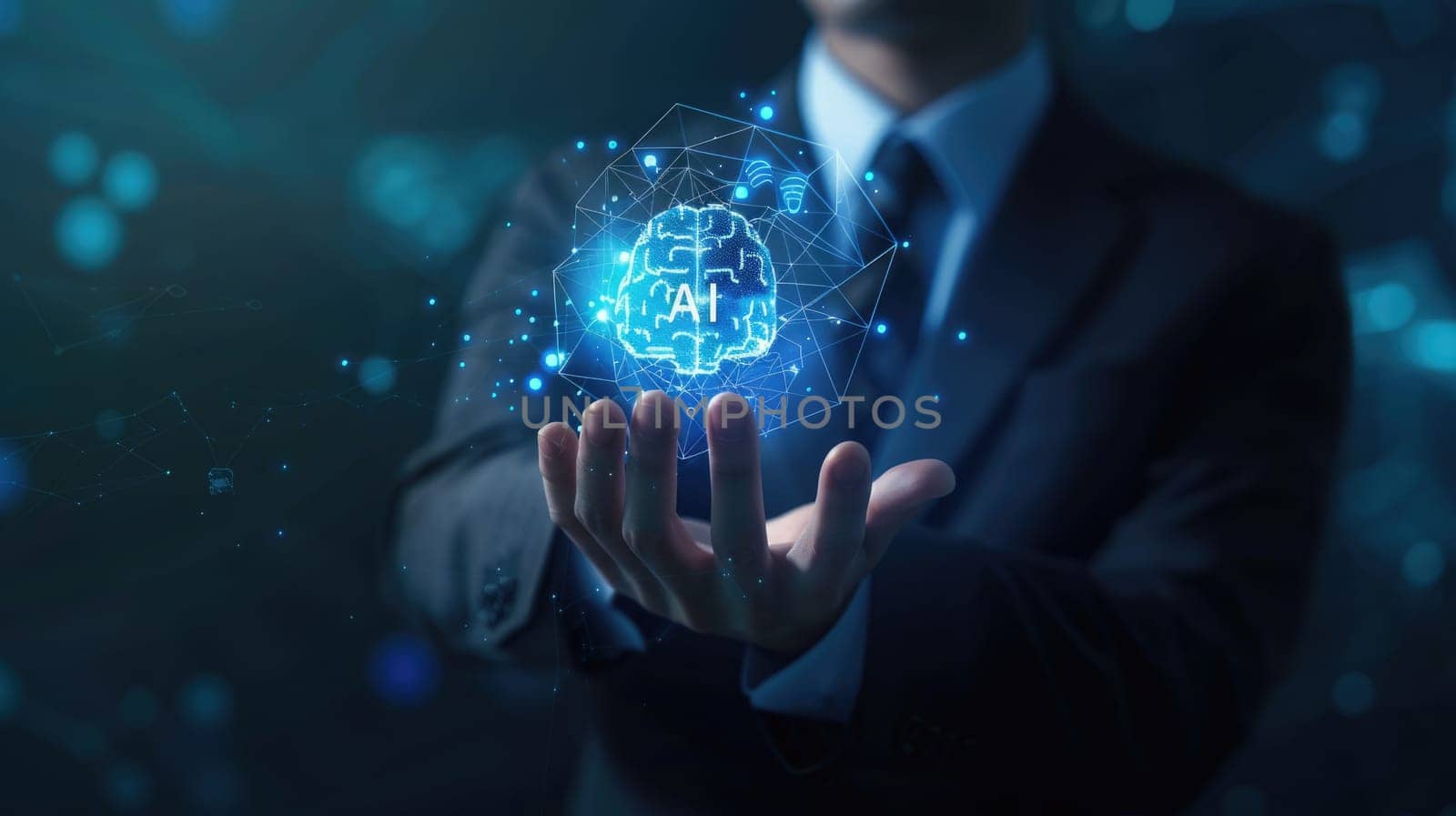A businessman holding an AI brain in his hand. The brain is connected to a network of other brains, representing the interconnectedness of artificial intelligence. AIG51A.