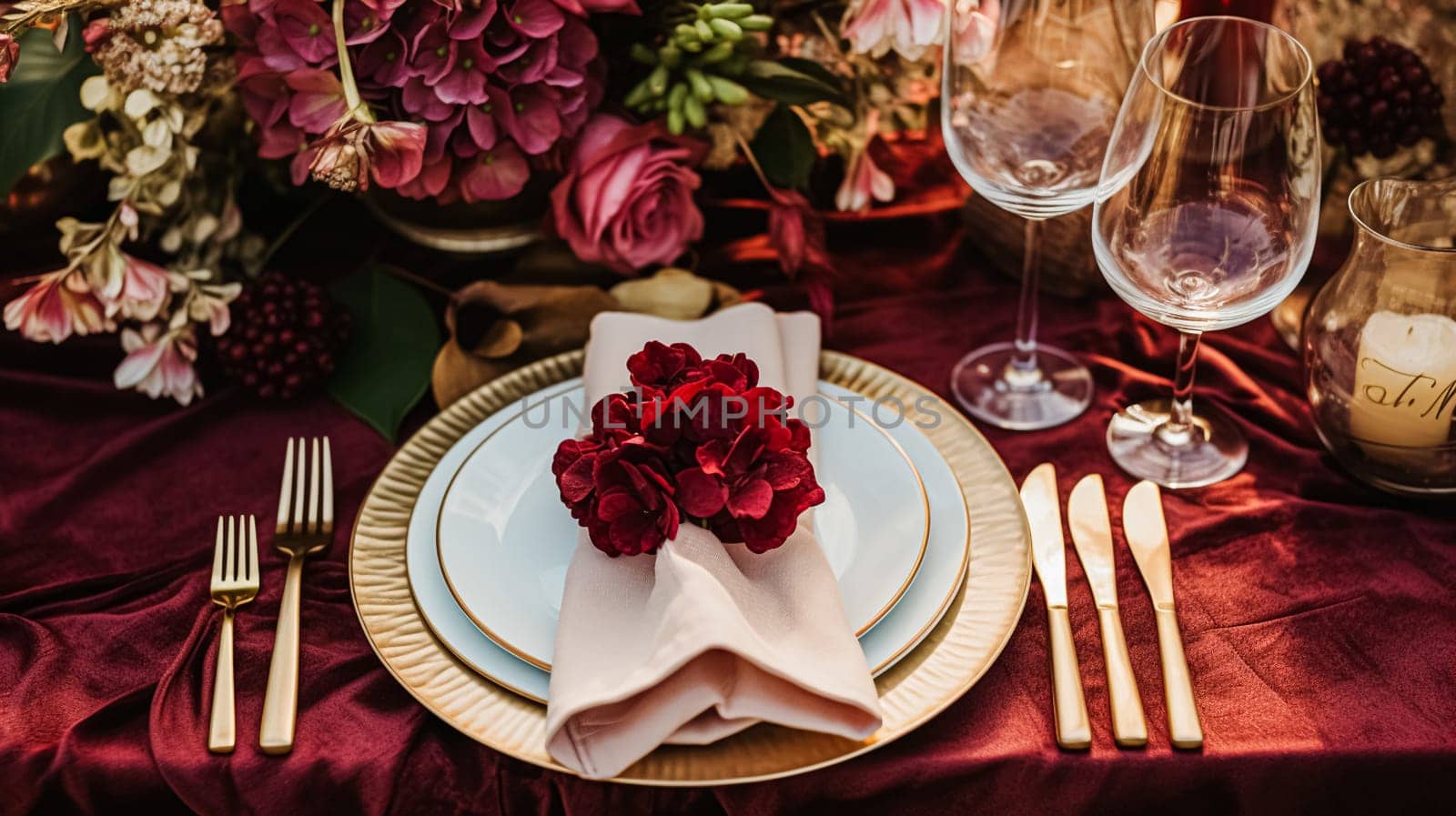 Wedding or formal dinner holiday celebration tablescape with hydrangea flowers in the English countryside garden, table setting and wine, floral table decor for family dinner party, home styling by Anneleven