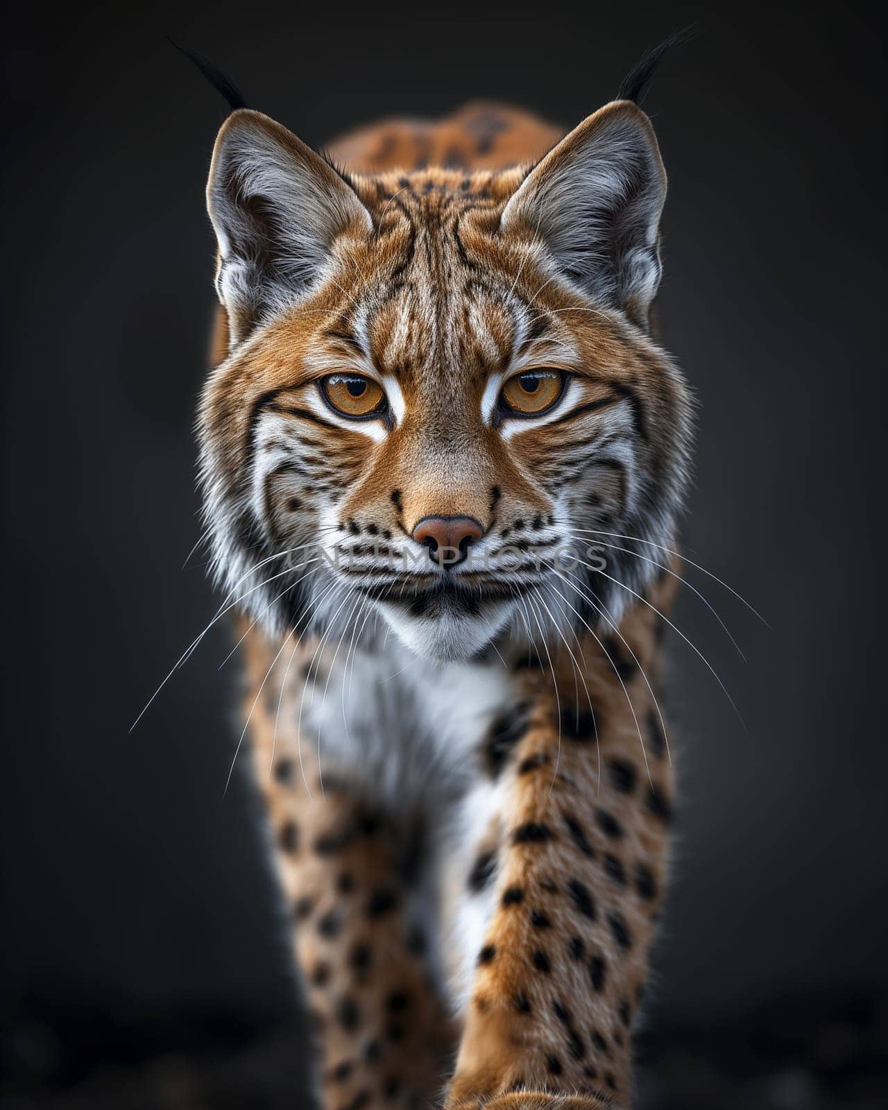 A wild eurasian lynx on dark black background