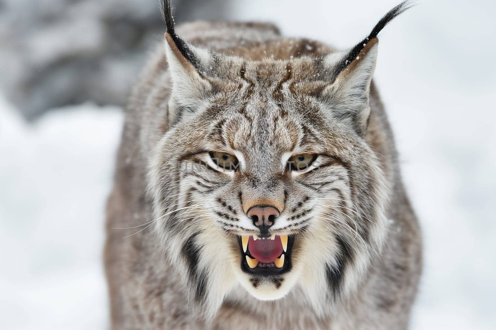 A wild and angry eurasian lynx hunting in nature