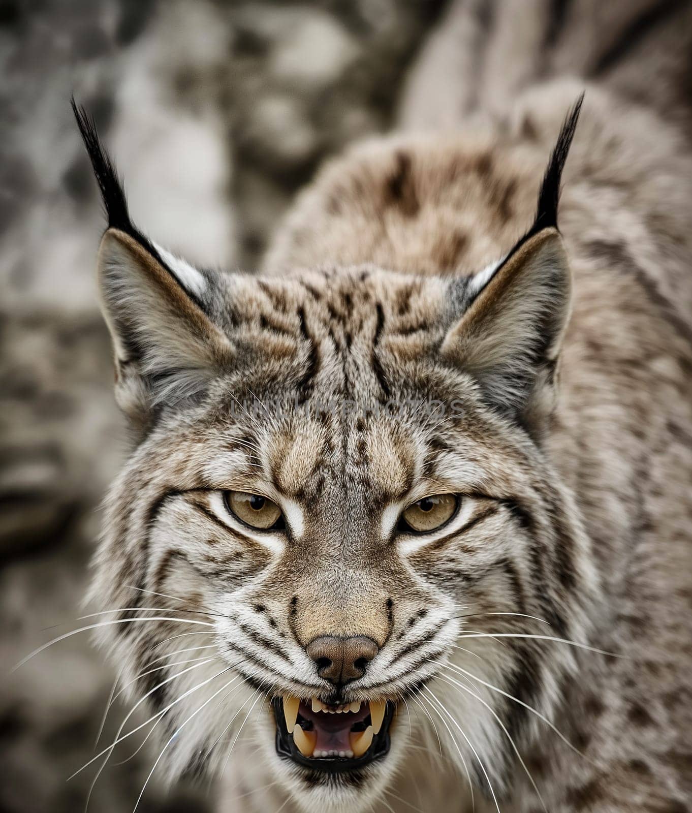A wild and angry eurasian lynx hunting in nature, roaring in mountain
