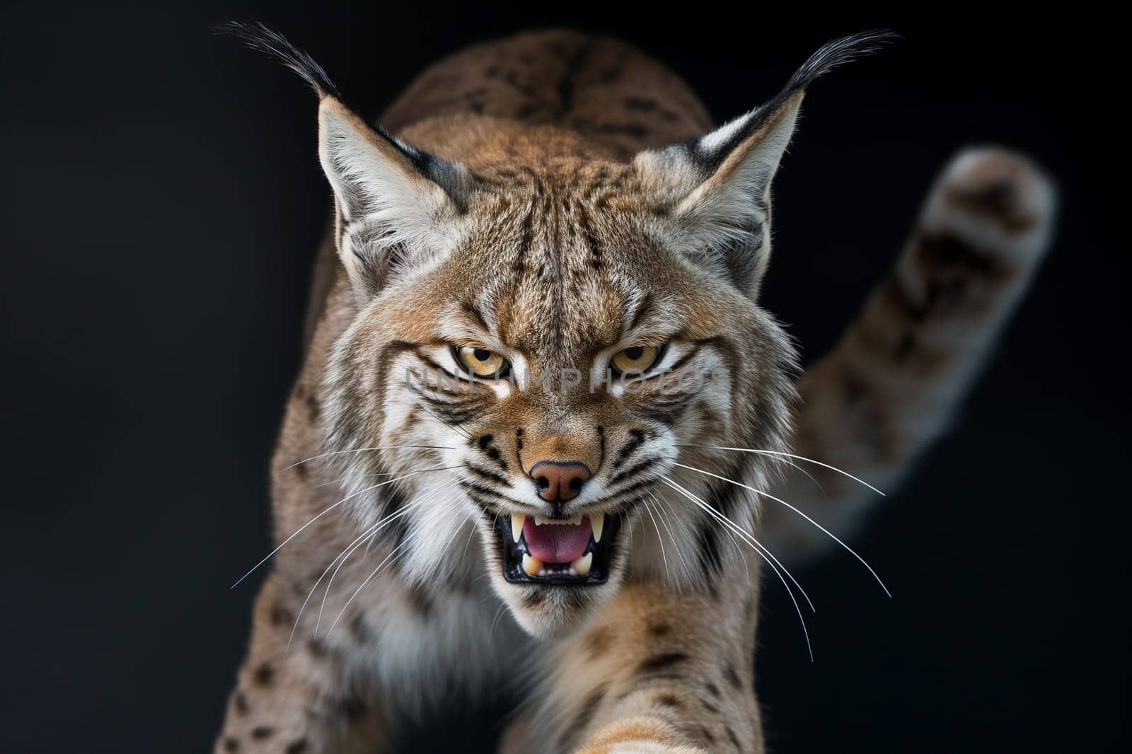 A wild and angry eurasian lynx on a black background