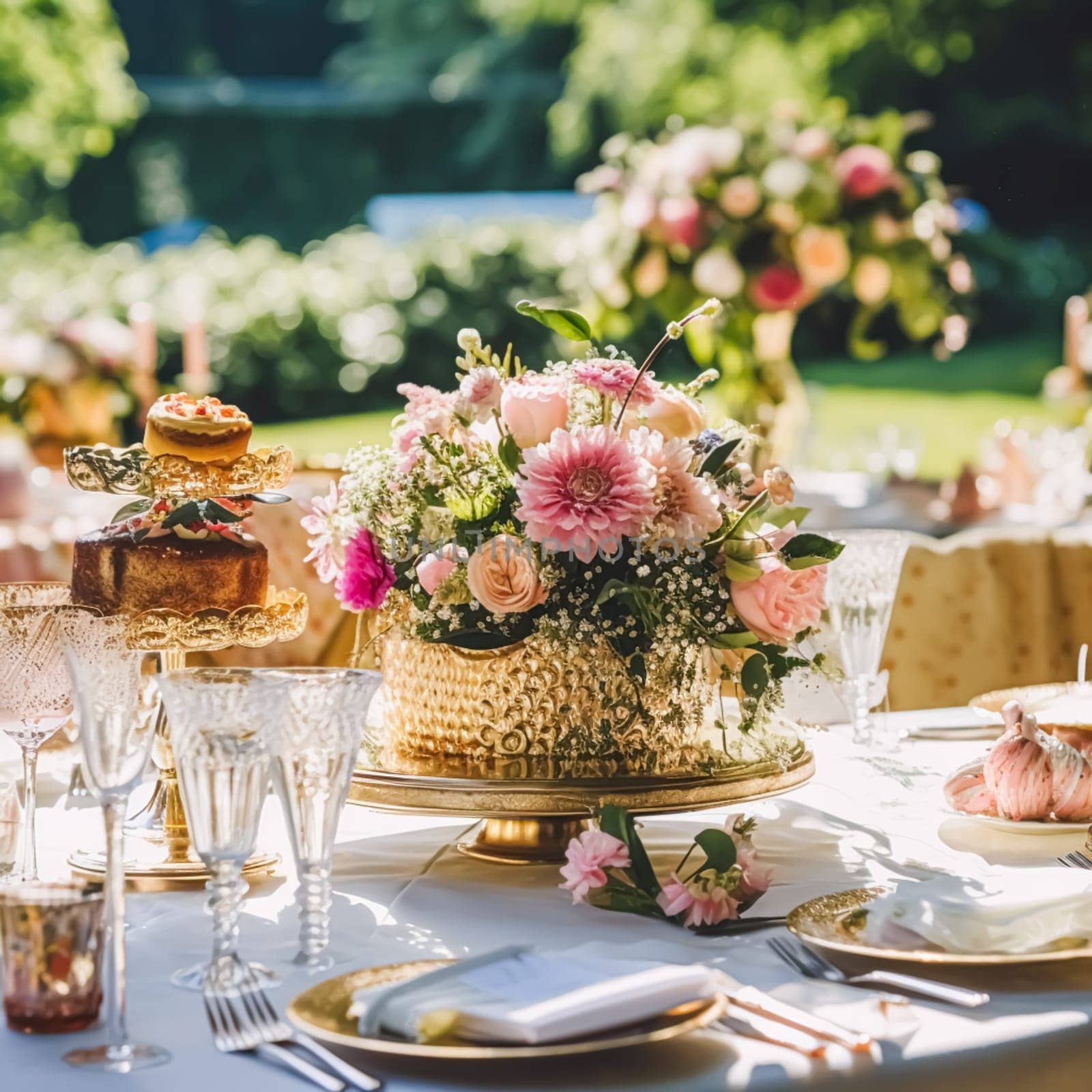 Country wedding, garden and floral decor, beautiful luxurious pink flowers decoration in country style, post-processed, generative ai
