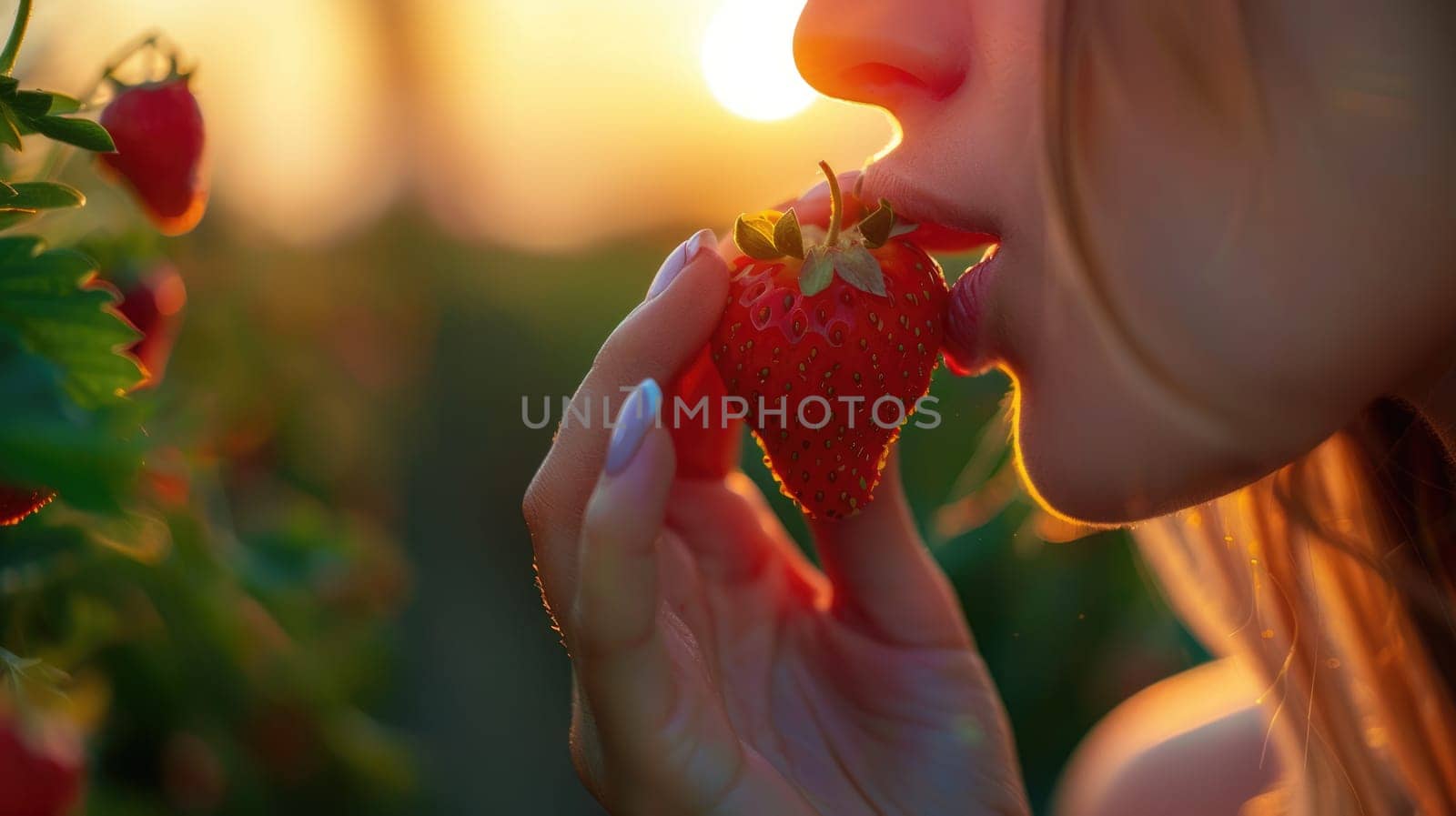 A woman happily eats a ripe strawberry under the blue sky, surrounded by flowers and plants. Her gesture shows her joy as she enjoys the sweet fruit AIG50