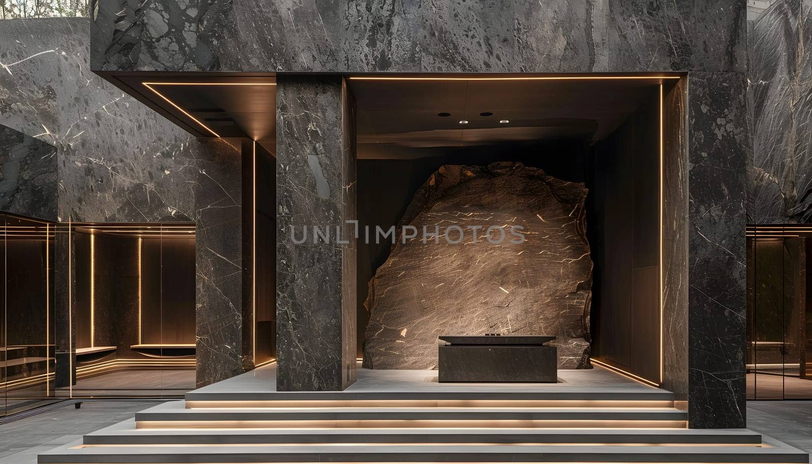 A fixture made of composite material, resembling a large rock, is positioned in the center of the symmetrical room within the historic building