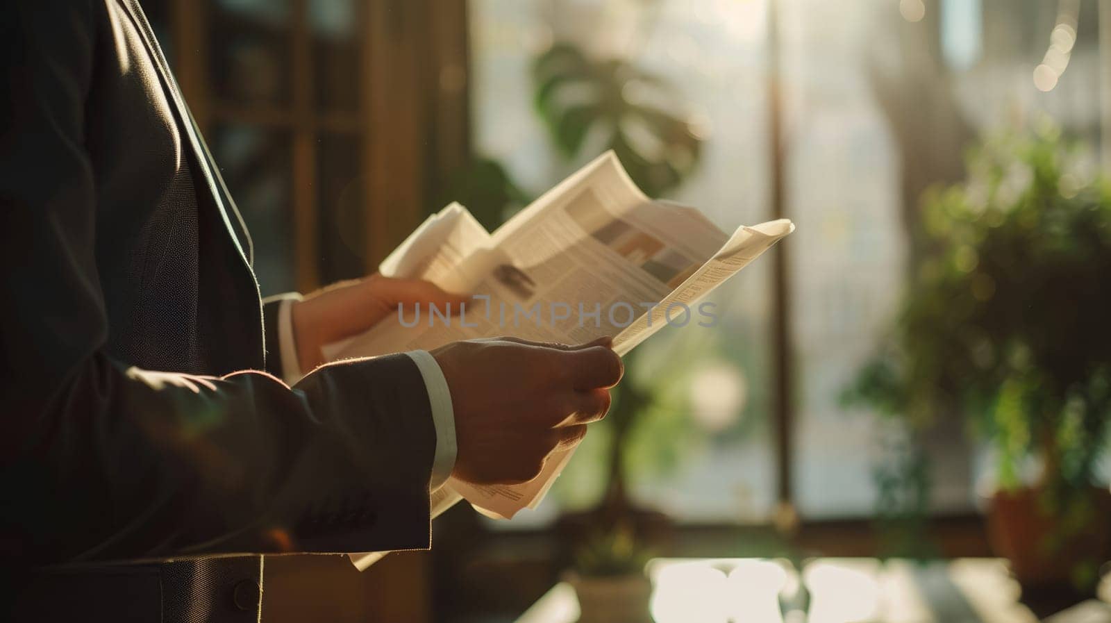 Close up of businessman holding newspaper while planning marketing strategy. Professional project manager wearing suit and reading at news while thinking about financial plan. Focus on hands. AIG42.