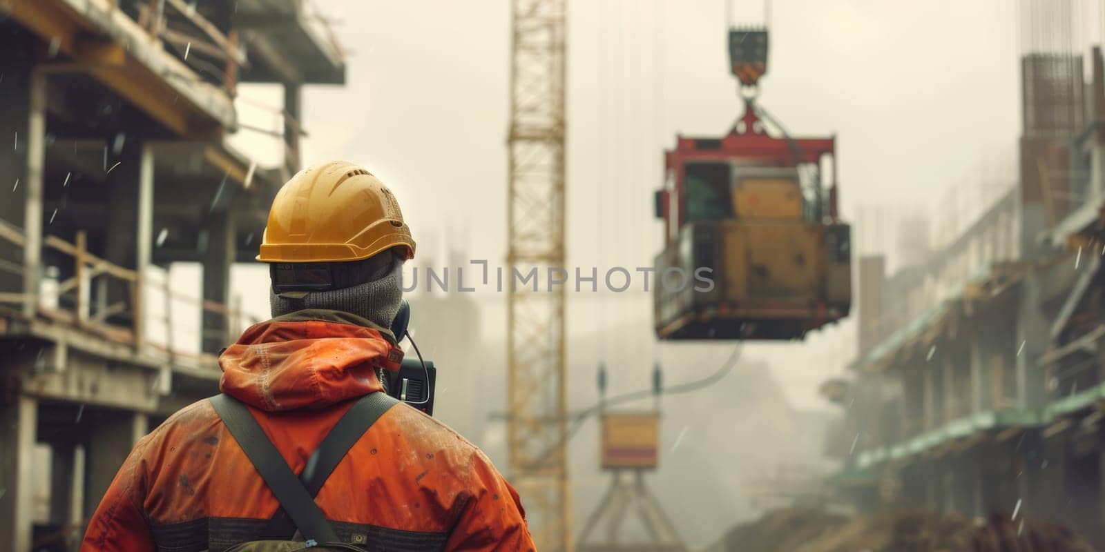 Professional civil engineer looking crane working and lifting box at construction site. Portrait of skilled industrial worker wearing hard hat or safety helmet managing and checking at site. AIG42.