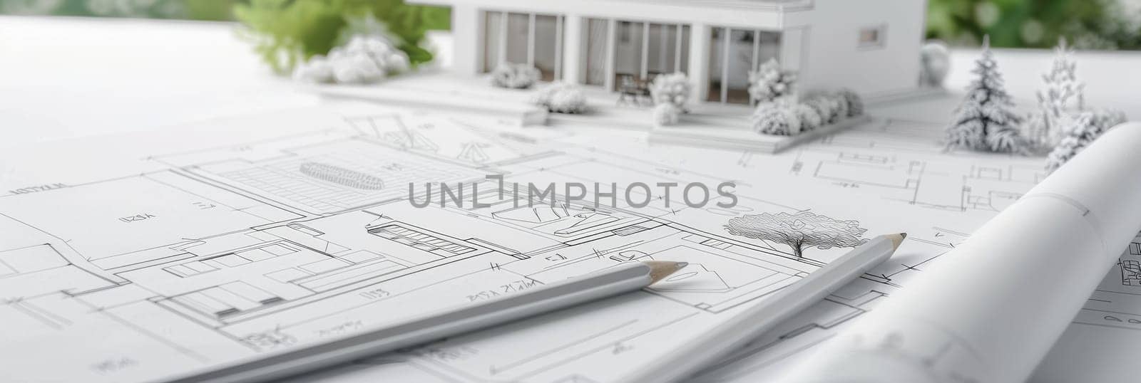 A house sits atop a detailed blueprint, with a pencil nearby showcasing design ideas and renovation plans. Perfect for architecture and design services advertising.