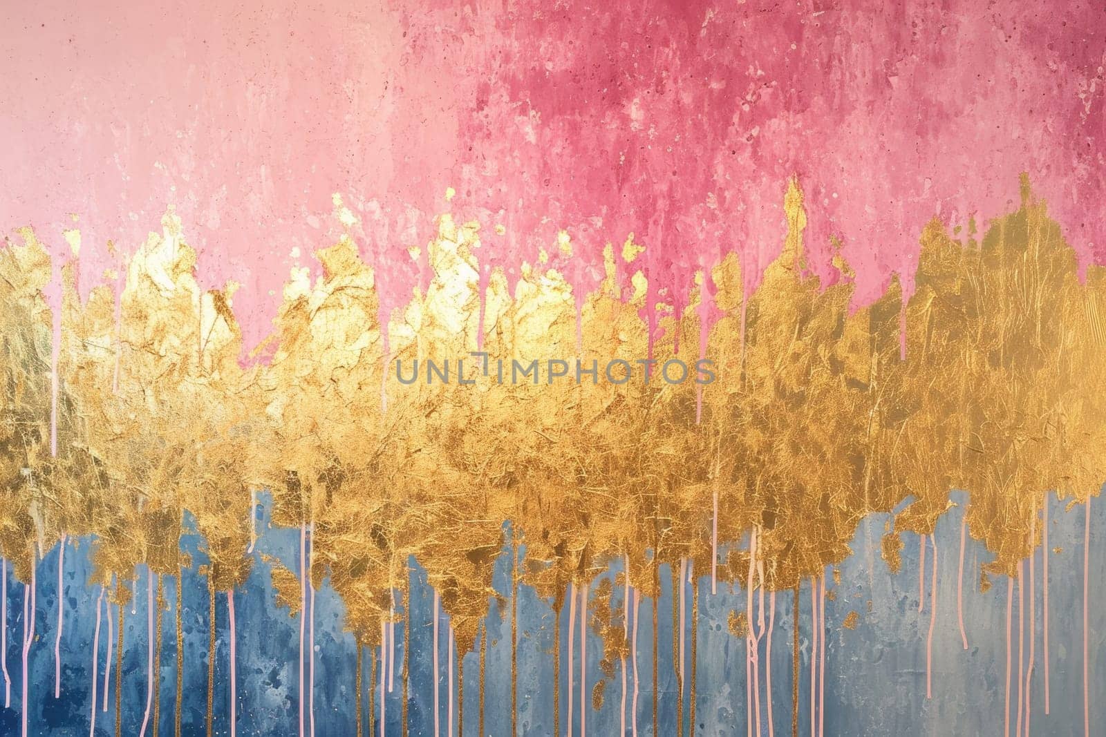 The abstract picture of the gold, pink and blue colour that has been painted or splashed on the white blank background wallpaper to form the random shape that cannot be describe yet beautiful. AIGX01.