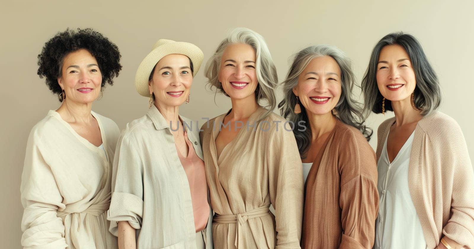 Portrait of group of beautiful happy smiling senior asian women together, five elderly chinese girlfriends on brown studio background