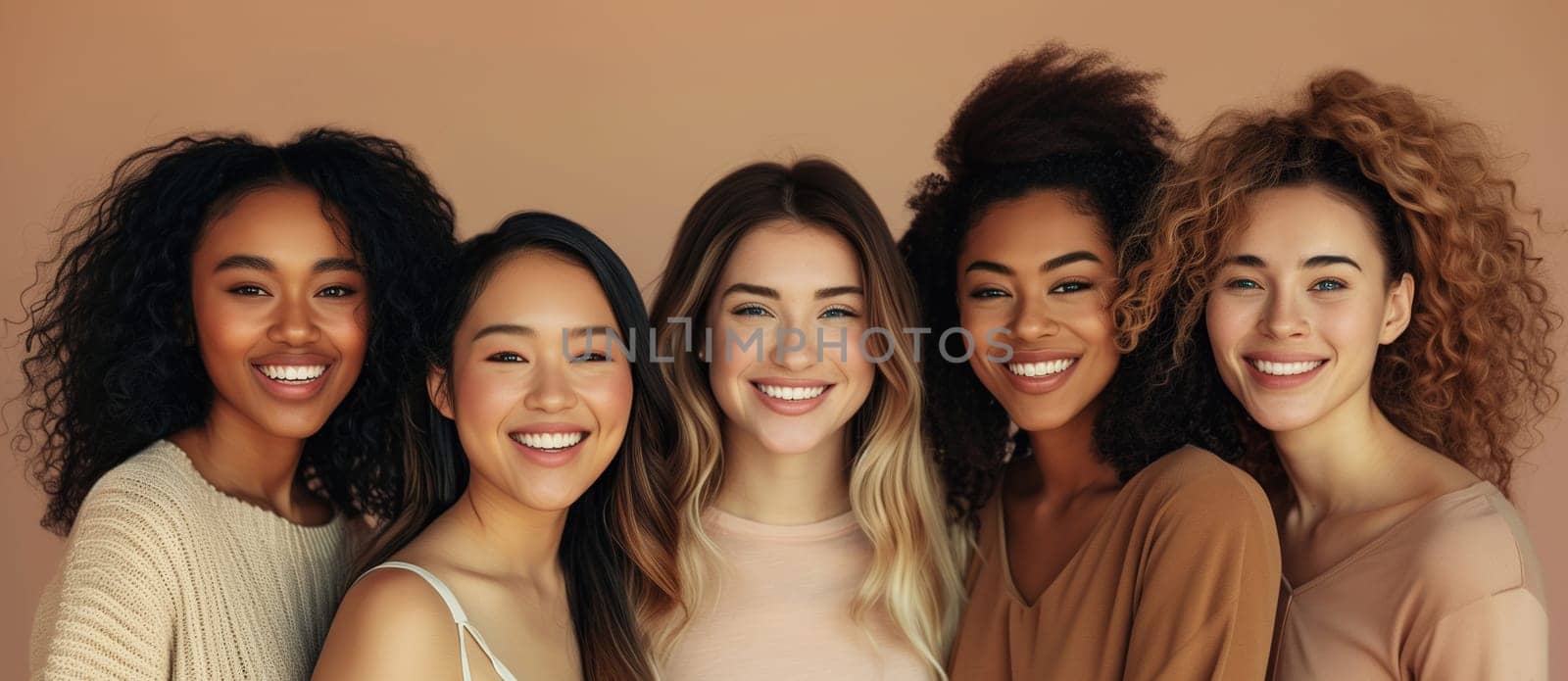 Group beautiful happy multiethnic young women together, five diverse cheerful girlfriends on brown by Rohappy