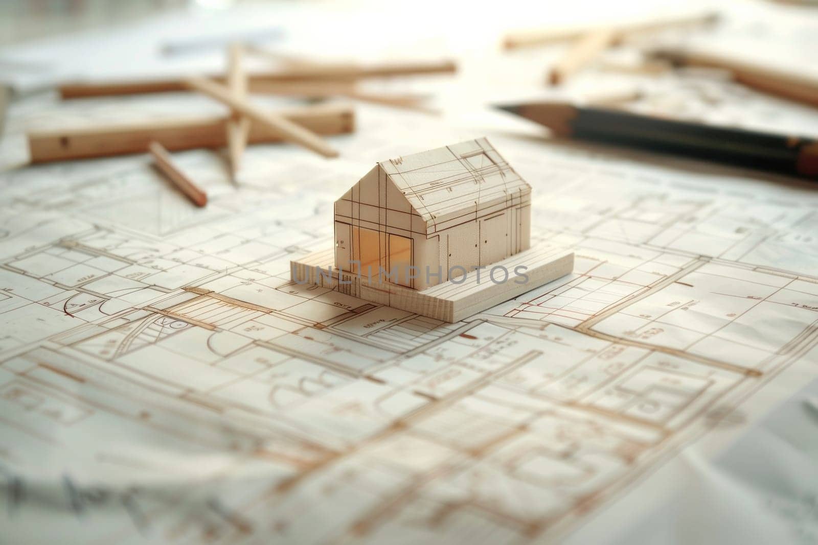 A beautifully crafted wooden model of a house is placed atop a table, illustrating a project renovation sketch with plans and design ideas for an architectural bureau or construction company advertisement. Generative AI by AnatoliiFoto