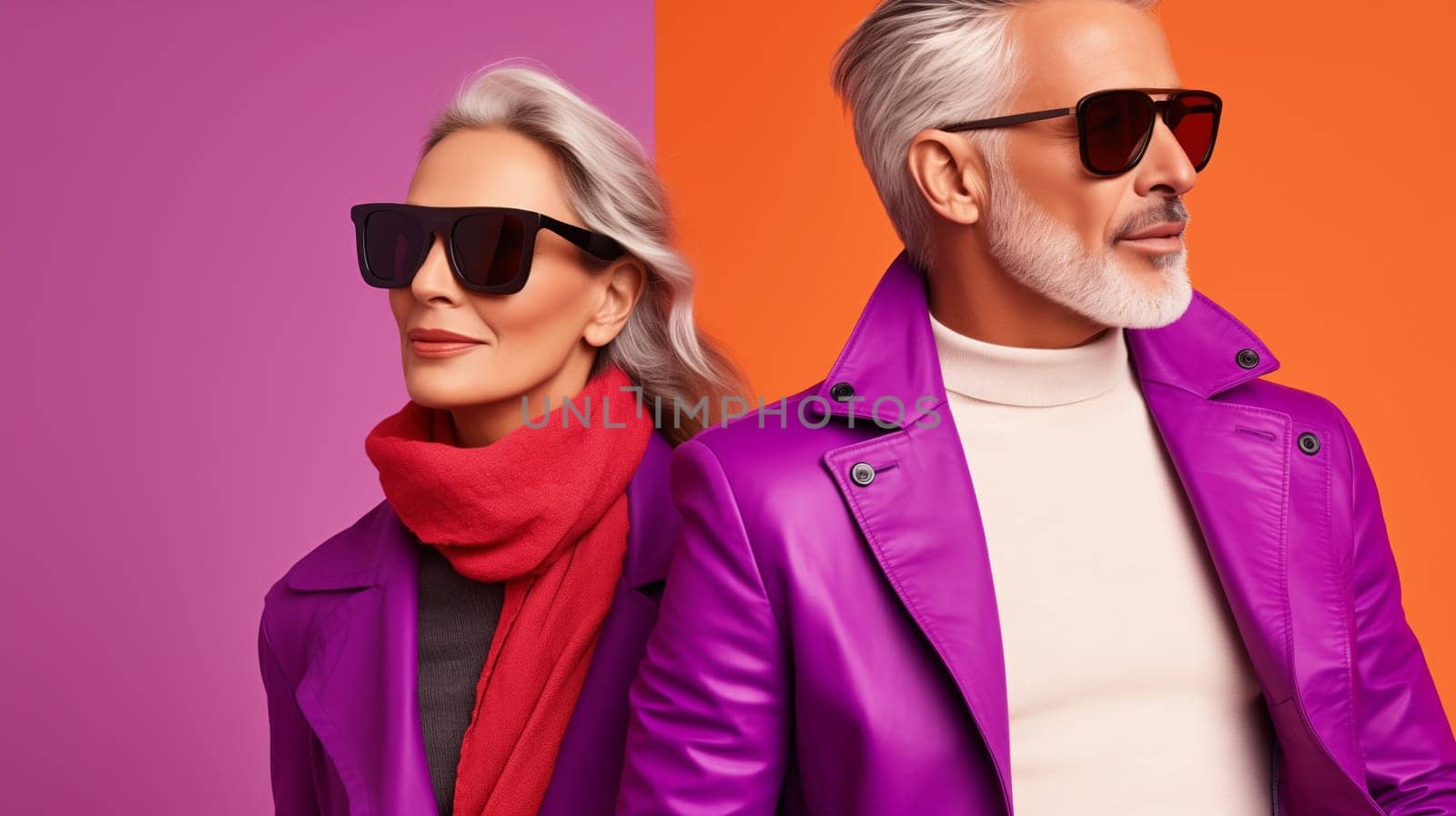 Portrait of stylish beautiful mature woman and man, modern trendy senior couple posing together on colorful studio background