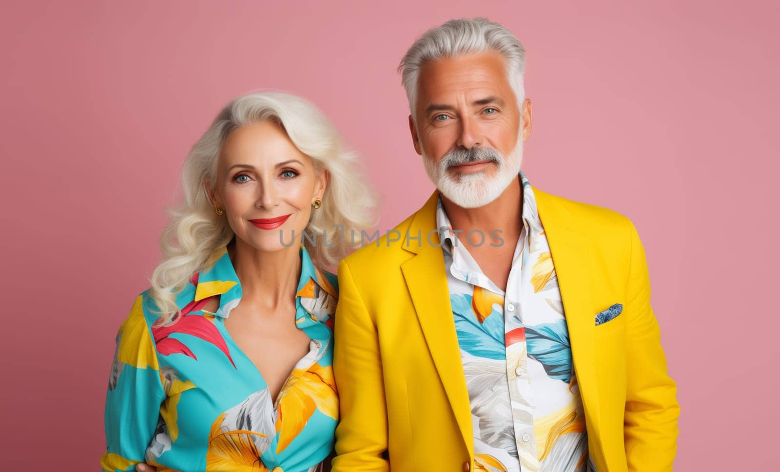 Portrait of stylish mature woman and man, modern trendy senior couple on colorful studio background by Rohappy