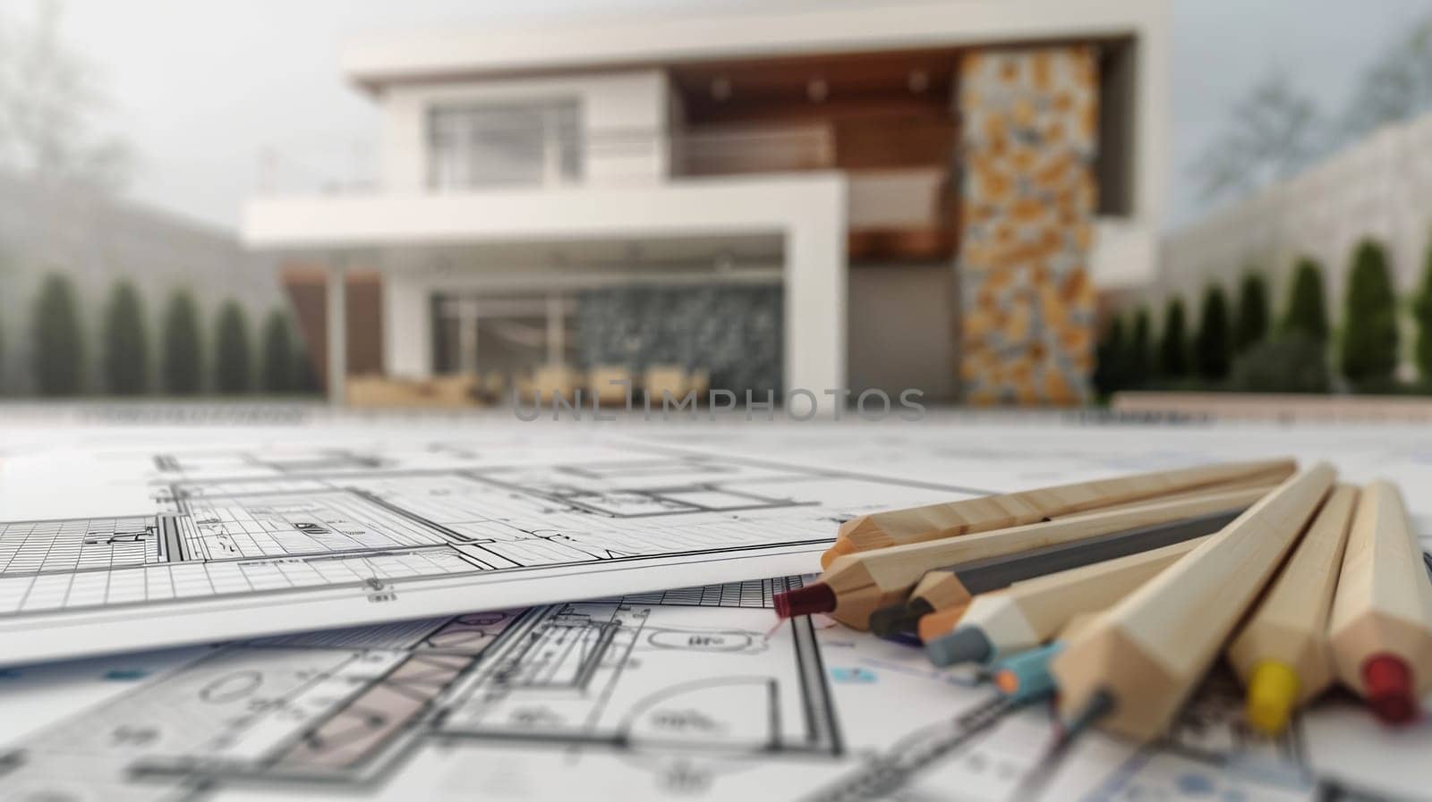 Architectural drawings and pencils scattered on a table, showcasing a blend of precision and creativity in the process of designing and planning a project renovation. Generative AI by AnatoliiFoto