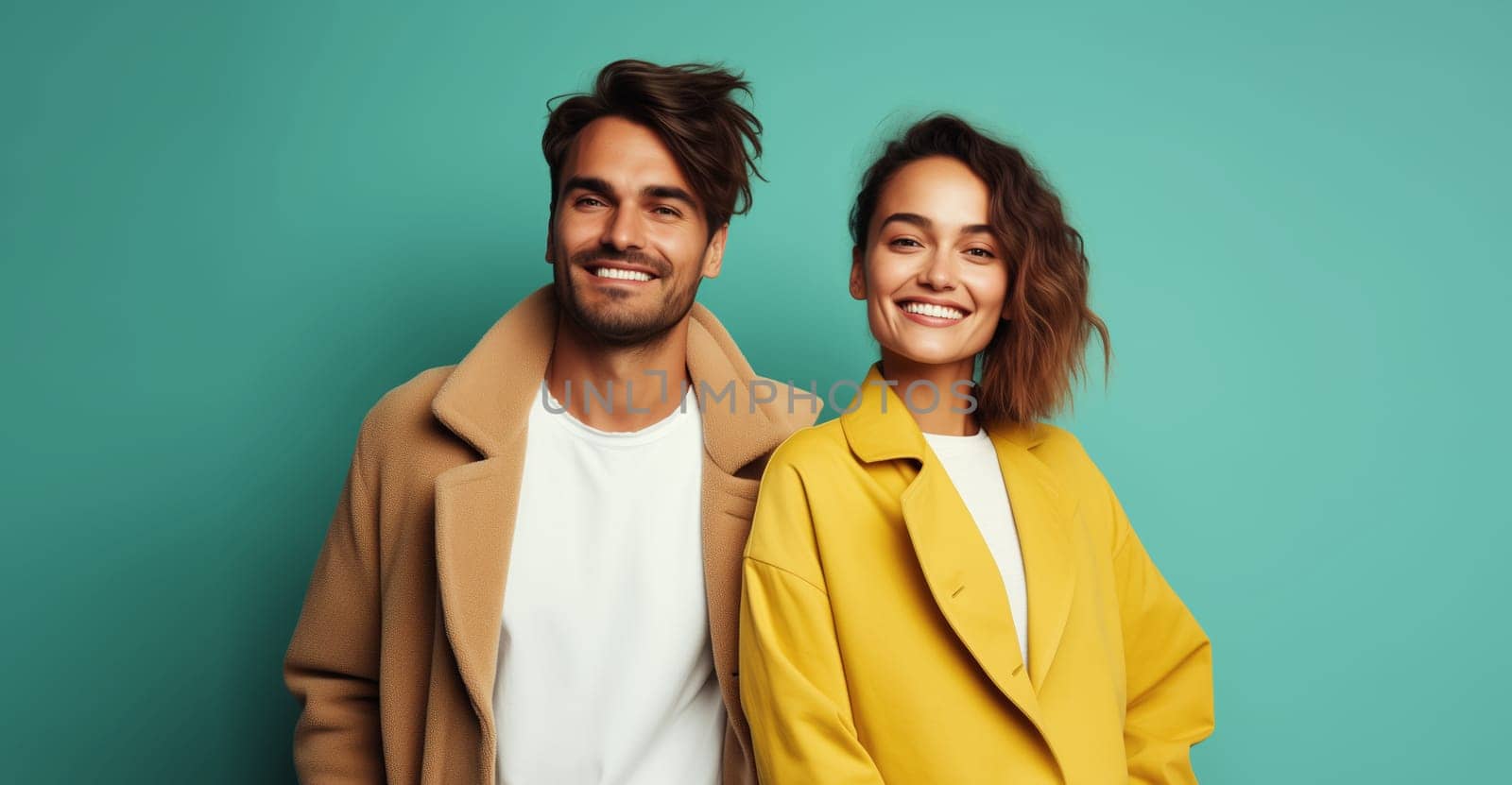 Portrait stylish beautiful happy woman and man, modern young couple together on colorful background by Rohappy
