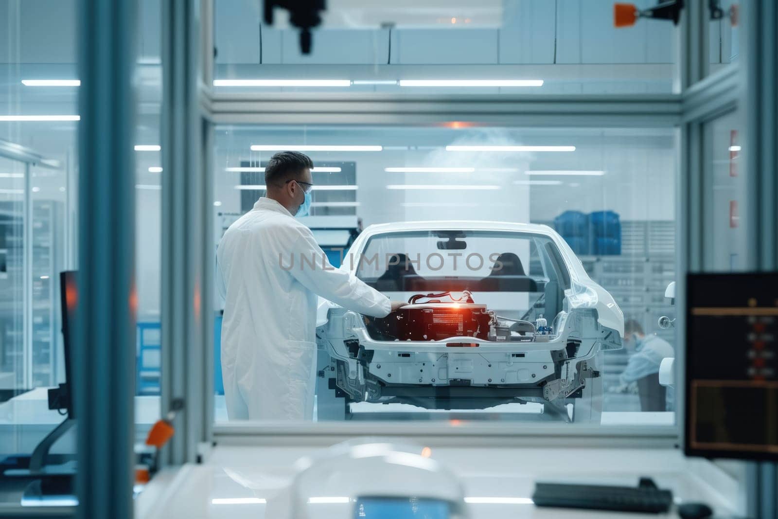 Professional technician checking and inspecting vehicle machine system while wearing formal cloth. Skilled automotive engineer designing and testing car design by using technology innovation. AIG42.