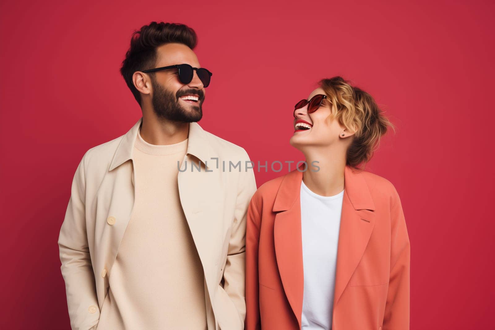 Portrait of stylish beautiful happy woman and man, modern young couple posing together on colorful studio background