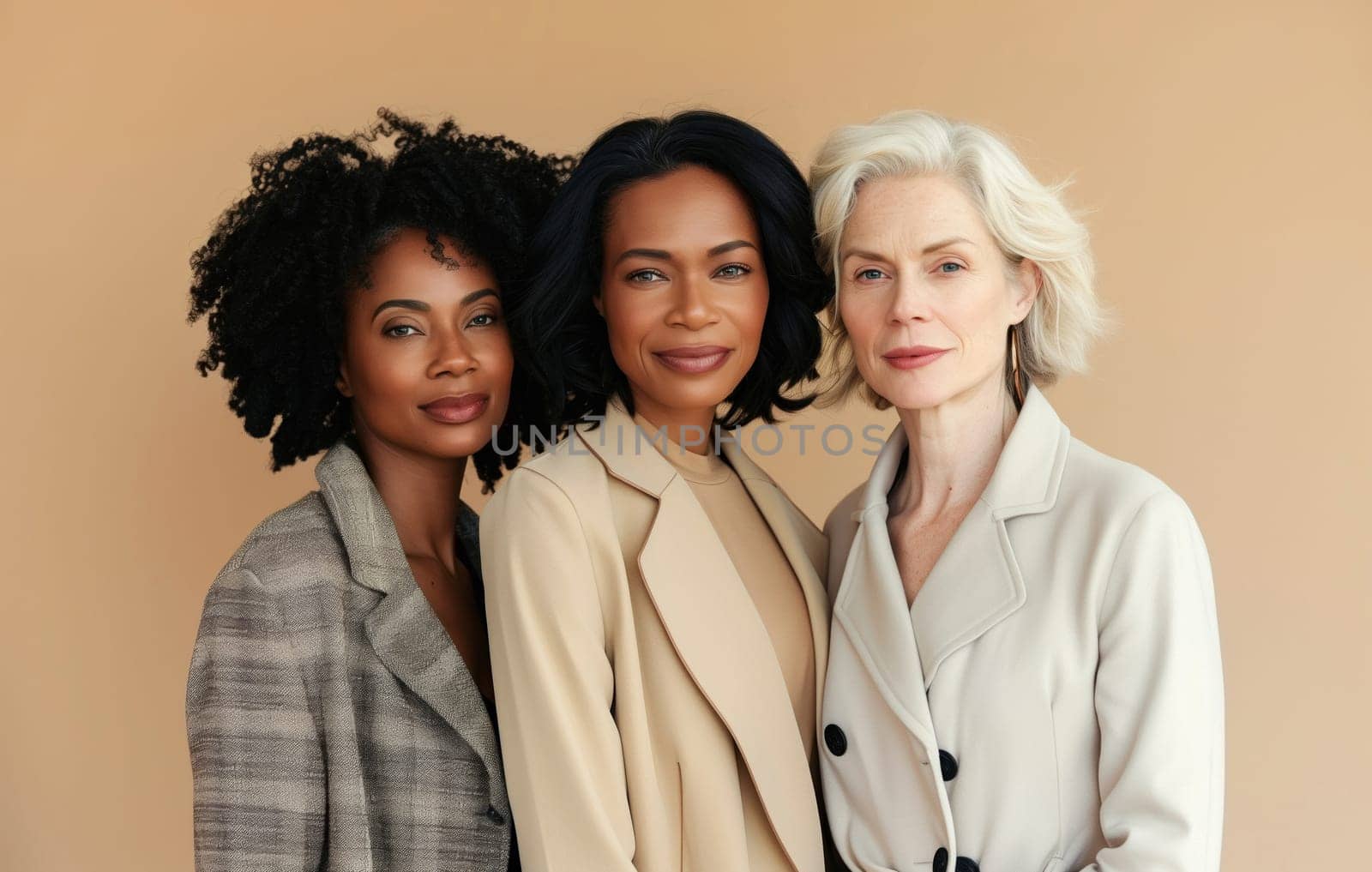 Fashion portrait of beautiful stylish multiethnic mature women together, three diverse girlfriends posing on brown studio background
