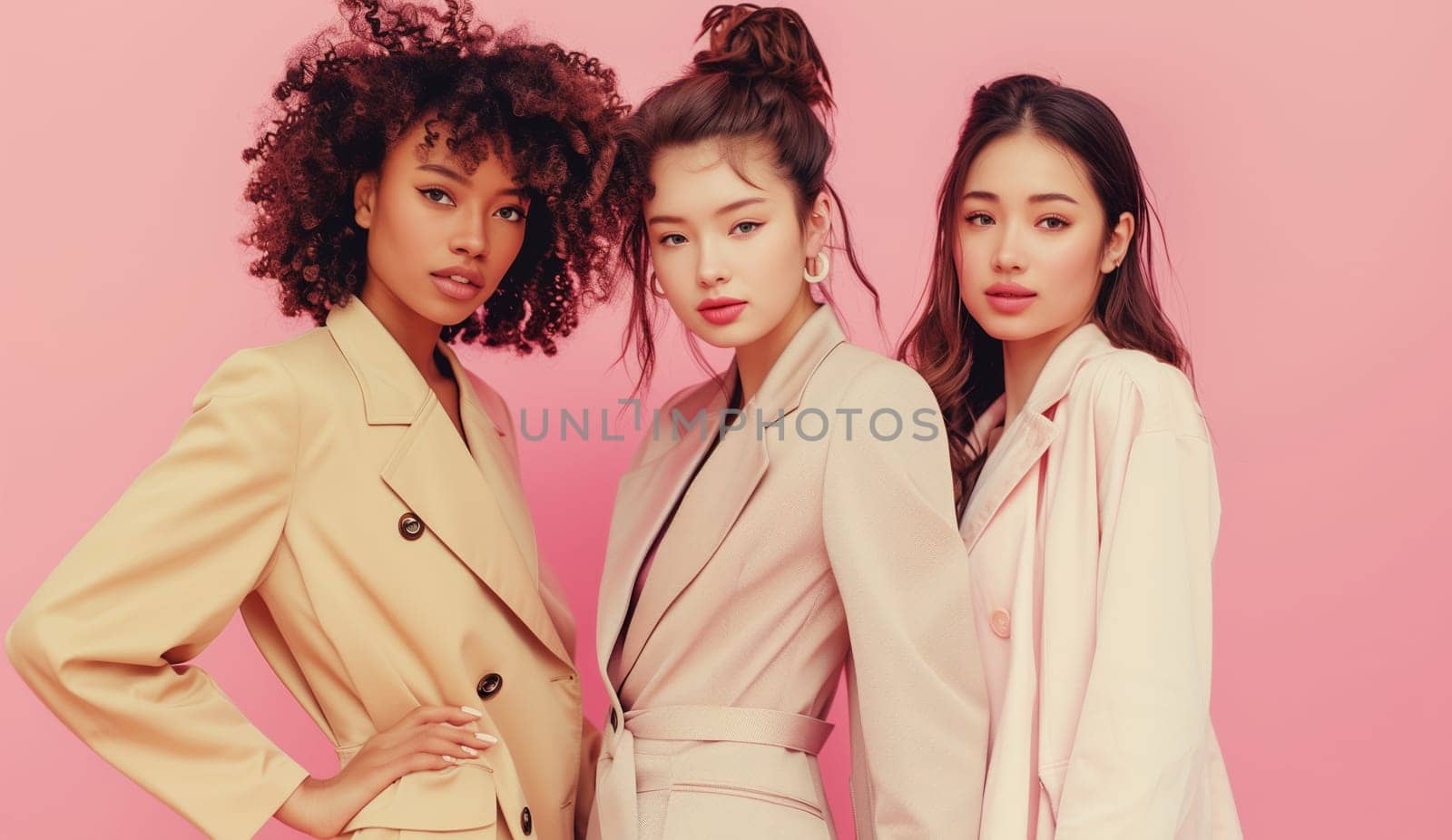 Fashion portrait of beautiful stylish multiethnic young women together, diverse girlfriends on pink by Rohappy