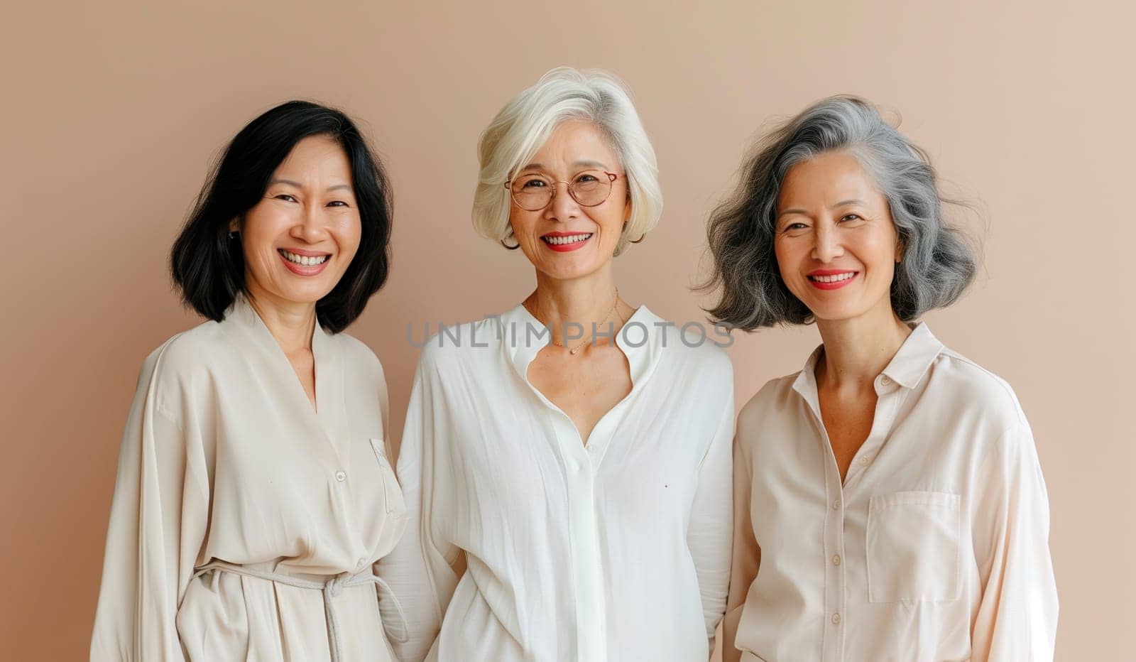 Portrait of beautiful happy smiling senior asian women together, three chinese girlfriends on brown studio background