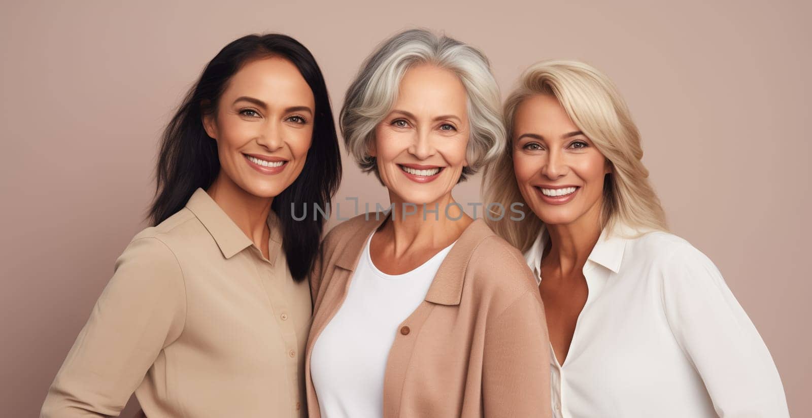 Beautiful happy smiling mature women together, three cheerful girlfriends with toothy smiles by Rohappy