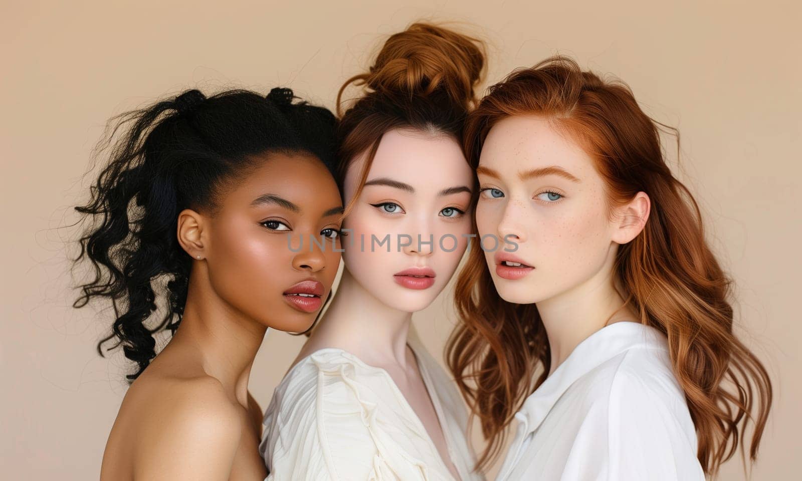 Fashion portrait of beautiful stylish multiethnic young women together, diverse girlfriends on brown by Rohappy