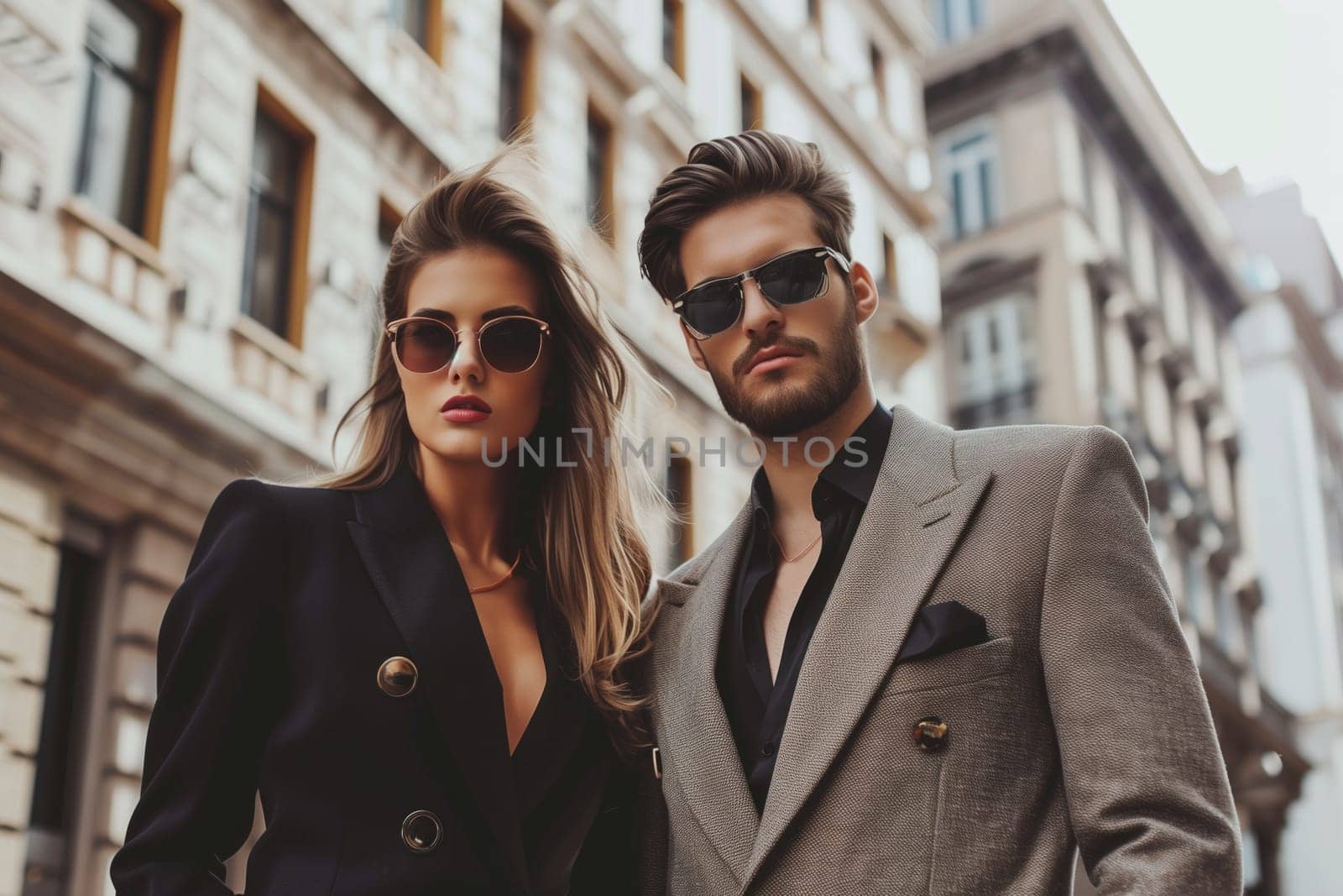 Portrait of stylish beautiful woman and man in suit in the city, modern young couple on city street by Rohappy